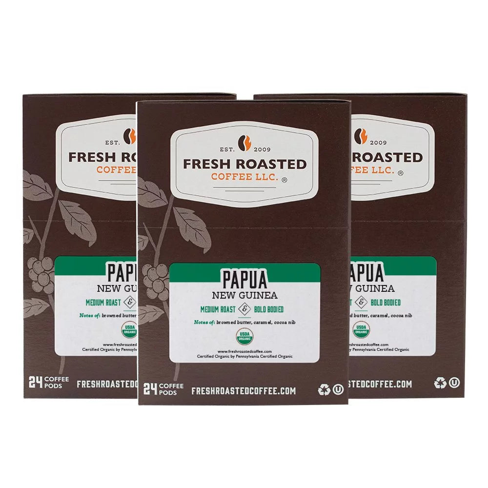 Fresh Roasted Coffee, Organic Papua New Guinea Coffee Pods, Medium Roast, K-cup Compatible, 72 Count