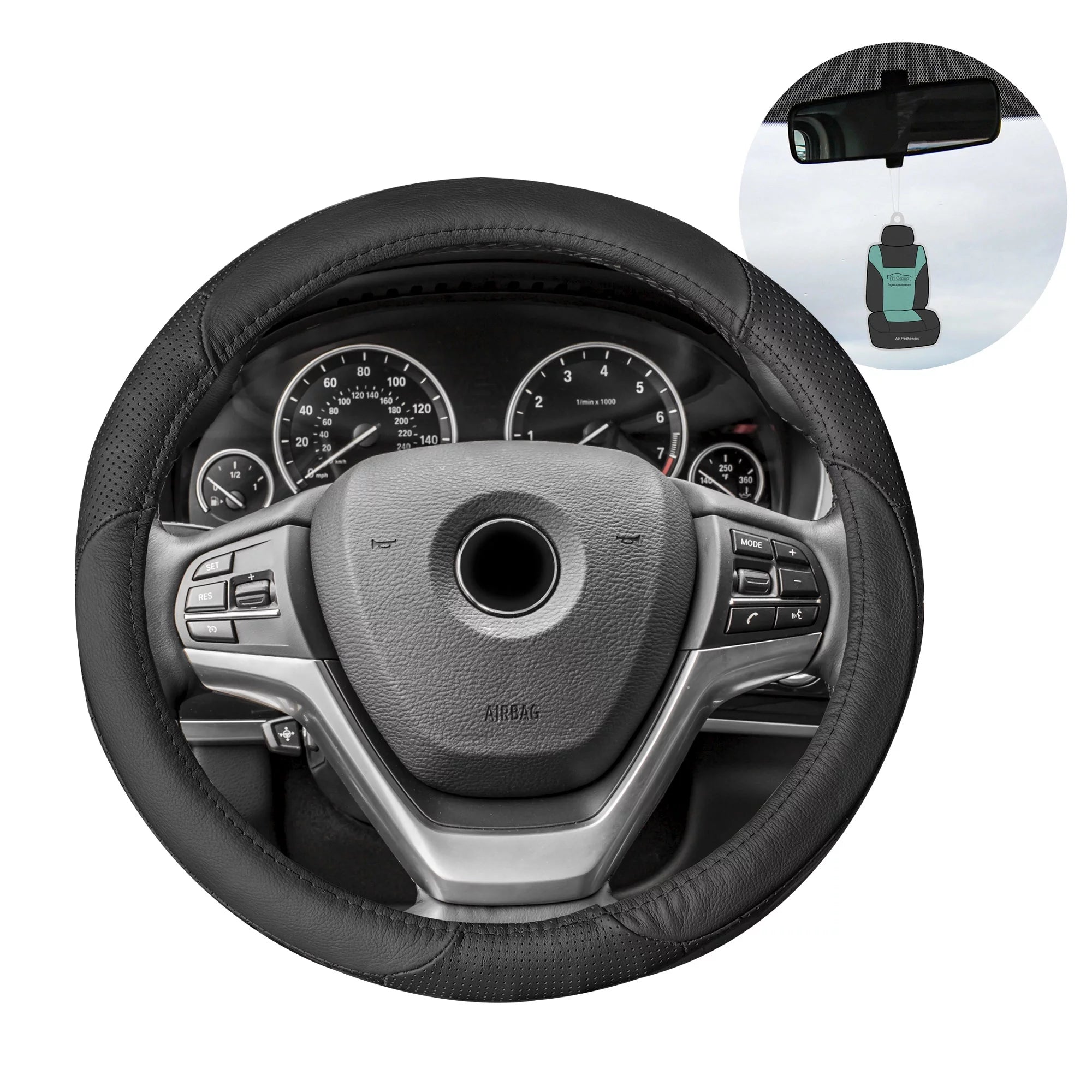 FH Group Universal 14.5-15.5 Genuine Leather Steering Wheel Cover Black with Air Freshener