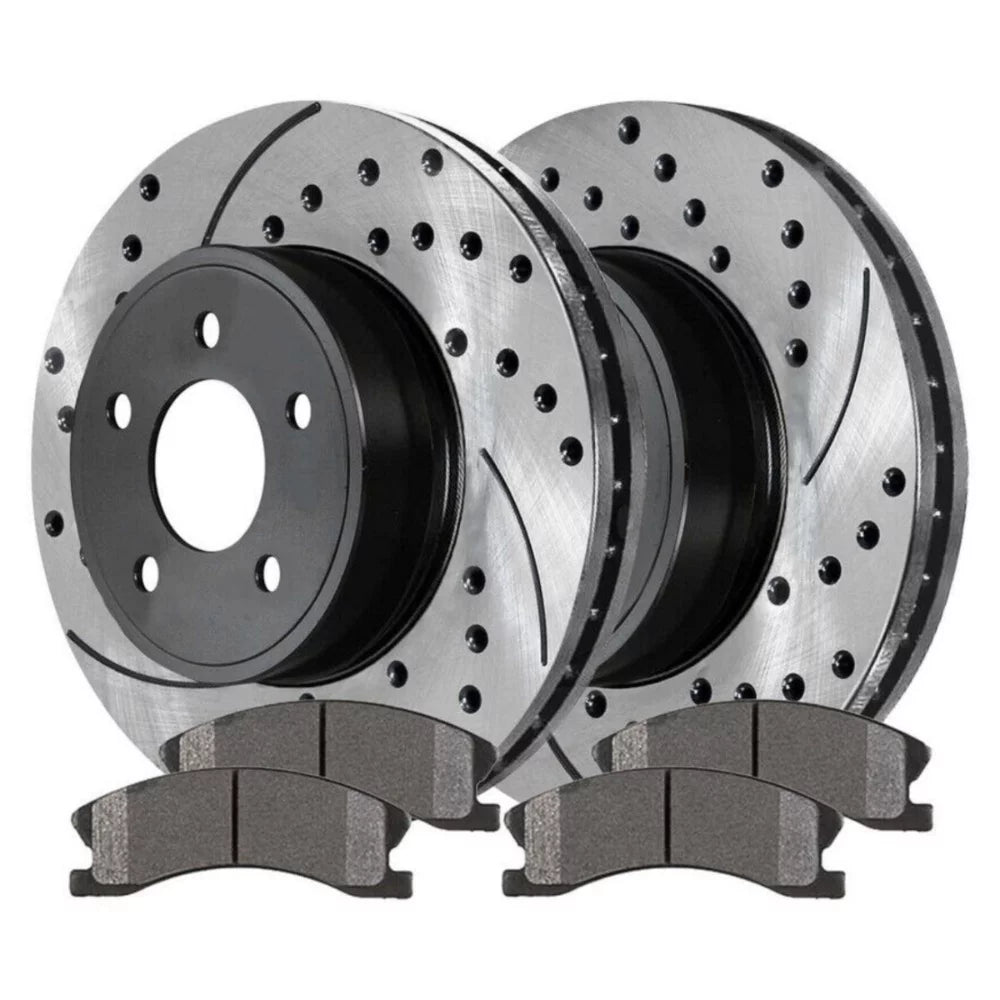 Teledu Front Drilled Slotted Brake Rotors Black & Pads For 99-04 Grand Cherokee 4.0L V8