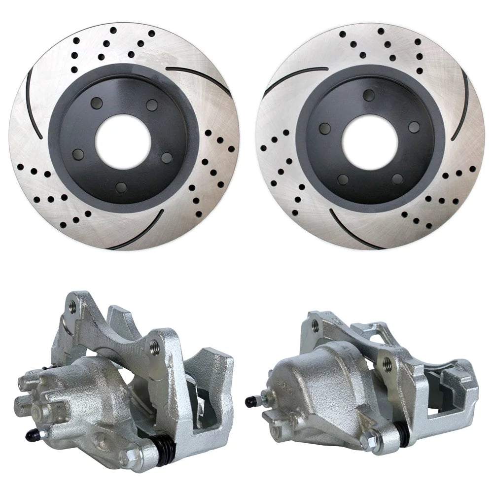 AutoShack Front Brake Calipers and Drilled Slotted Rotors Black Kit Driver and Passenger Side Replacement for Chrysler 200 Sebring Dodge Caliber 2008-2014 Avenger 2007-2017 Jeep Patriot Compass V6 FWD