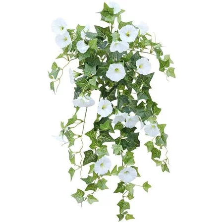 Viworld 2pcs Artificial Vines Morning Glory Hanging Plants Silk Garland Fake Green Plant Home Garden Wall Fence Stairway Outdoor Wedding Hanging Baskets Decor (White)