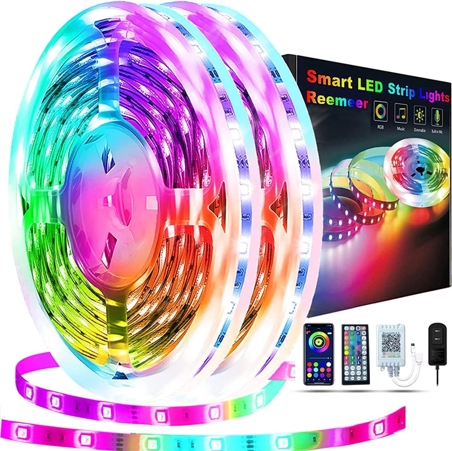 REEMEER Led Lights 100ft(2 Rolls of 50ft) Smart APP Control Music Sync Led Strip Lights RGB Color Changing Led Lights Strips with Remote Led Lights for Bedroom Kitchen and Party