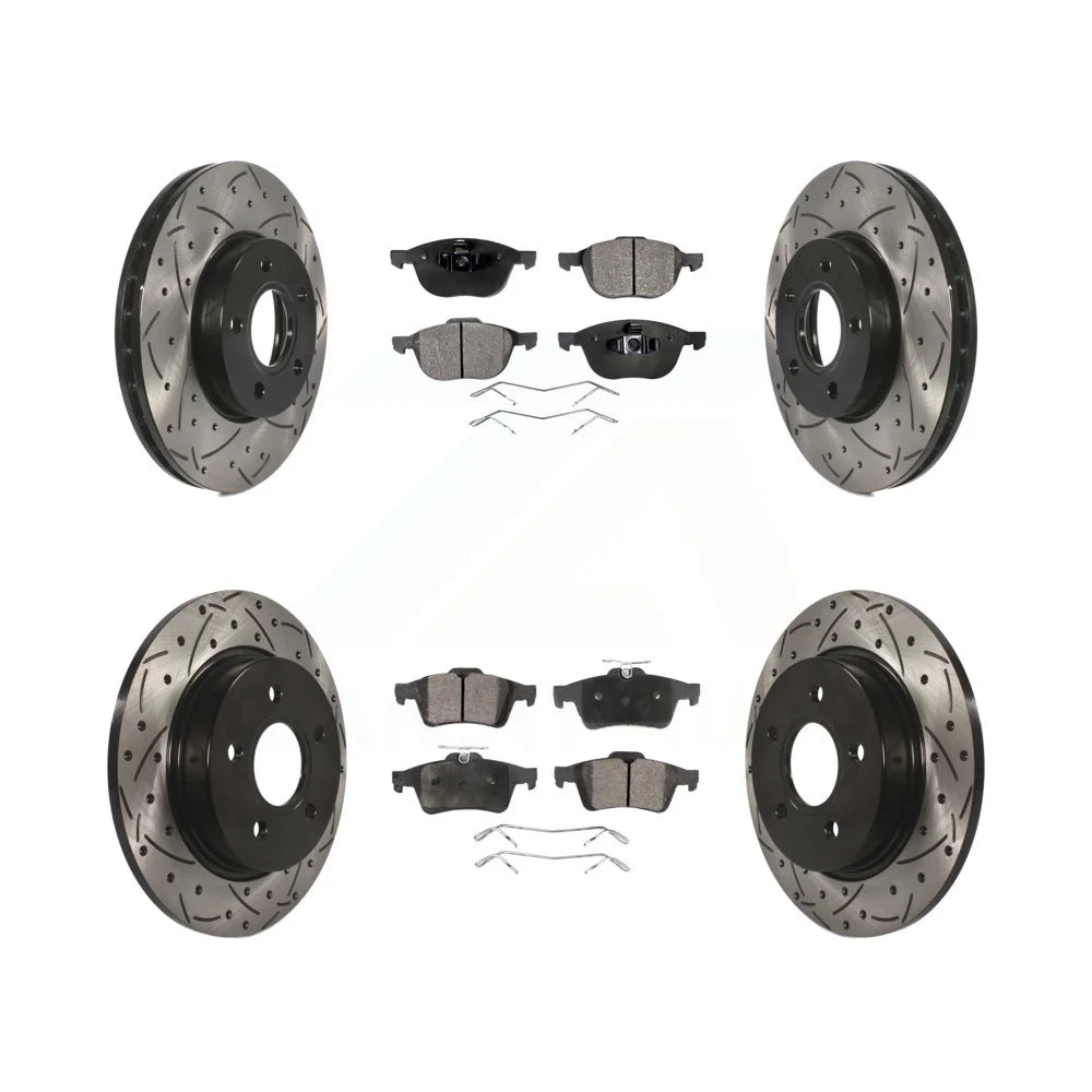 Transit Auto - Front Rear Coated Drilled Slotted Disc Brake Rotors And Semi-Metallic Pads Kit For Ford Focus KDF-100229