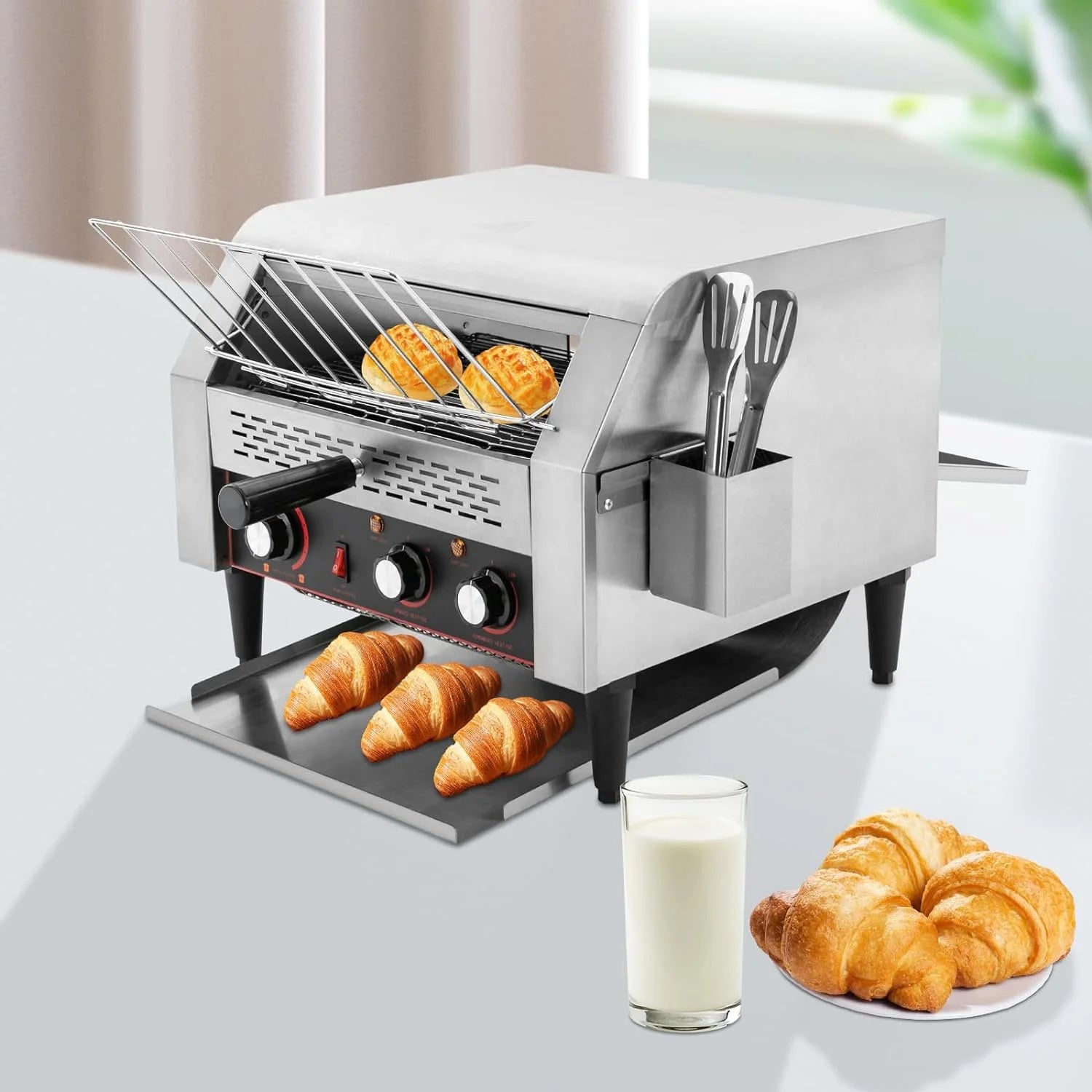 Miumaeov 7-Speed Commercial Conveyor Toaster 450 Slices/Hour Stainless Steel Industrial Toasters Conveyor Belt Toasters with Bread Clip for Restaurant Bakery
