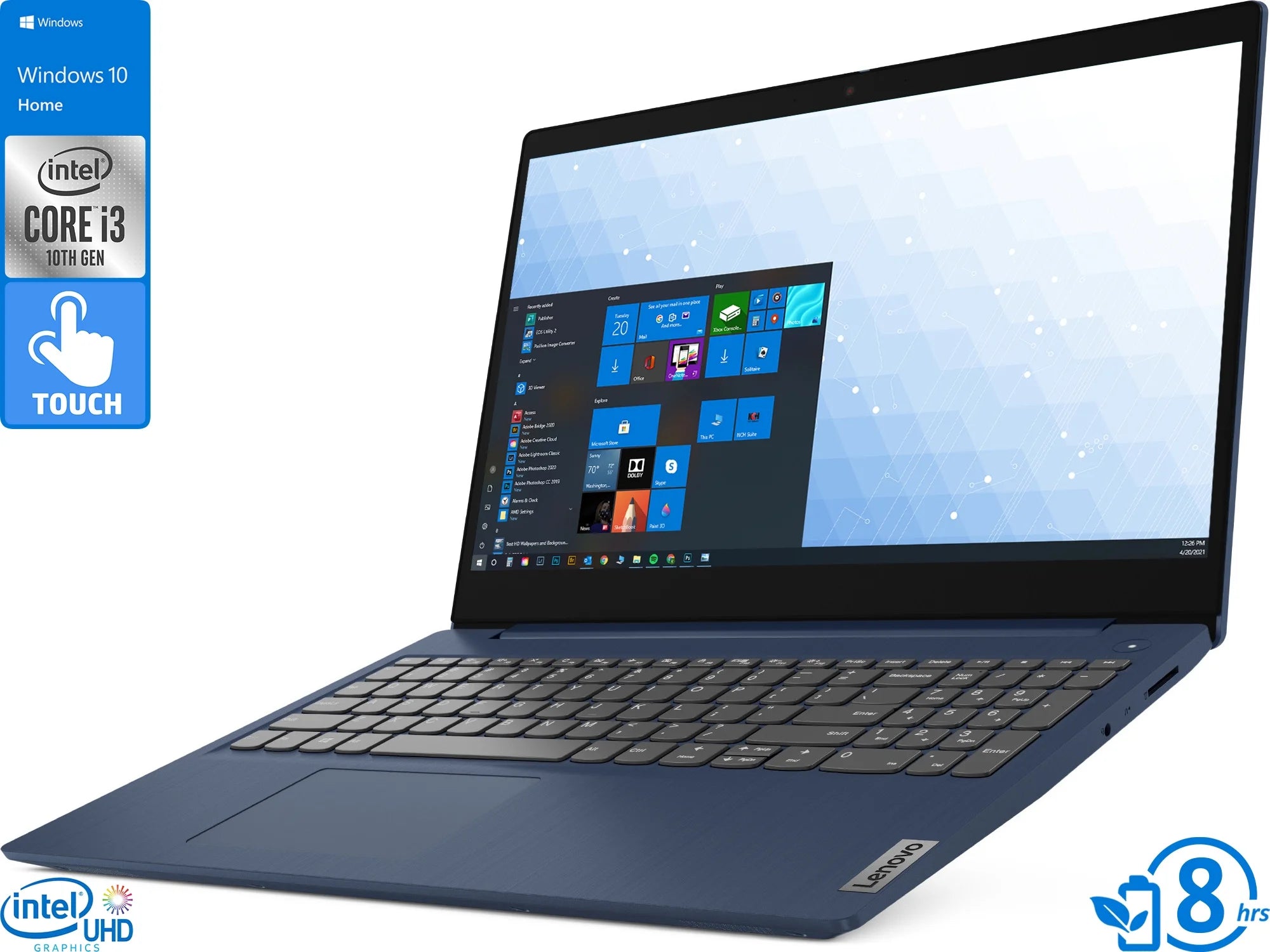 Lenovo IdeaPad 3 Notebook, 15.6 HD Touch Display, Intel Core i3-10110U Upto 4.1GHz, 20GB RAM, 1TB NVMe SSD, HDMI, Card Reader, Wi-Fi, Bluetooth, Windows 10 Home S