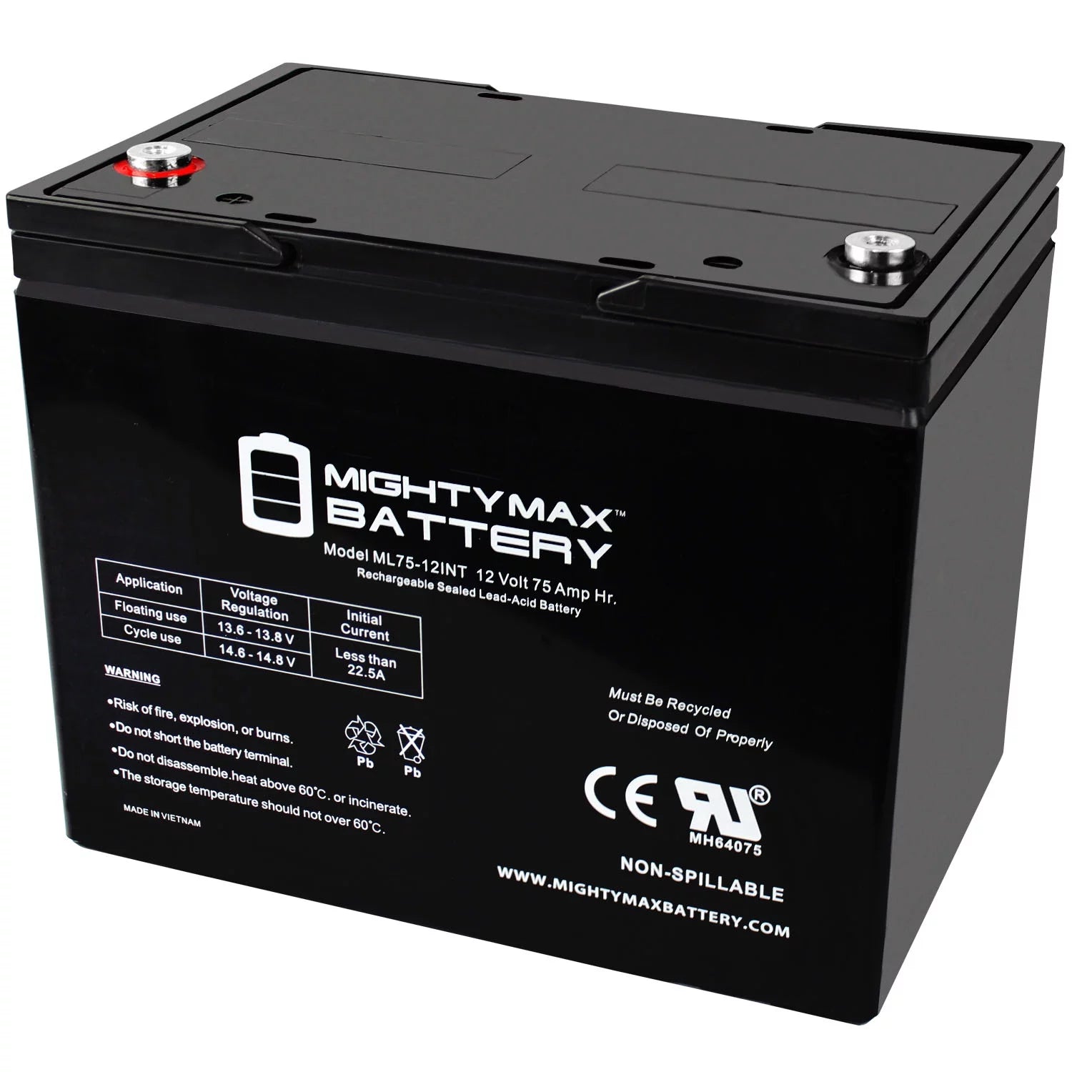 12V 75Ah Internal Thread Battery Replaces Enduring 6GFM75 6-GFM-75