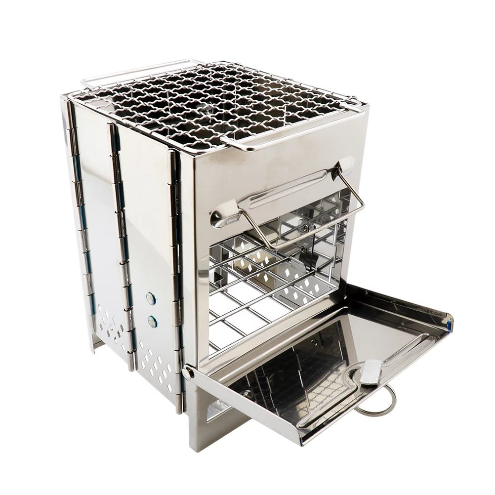 Hemoton Stainless Steel Square Wood Burning Stove Portable Collapsible Grill Outdoor Camping Cookware (Silver)