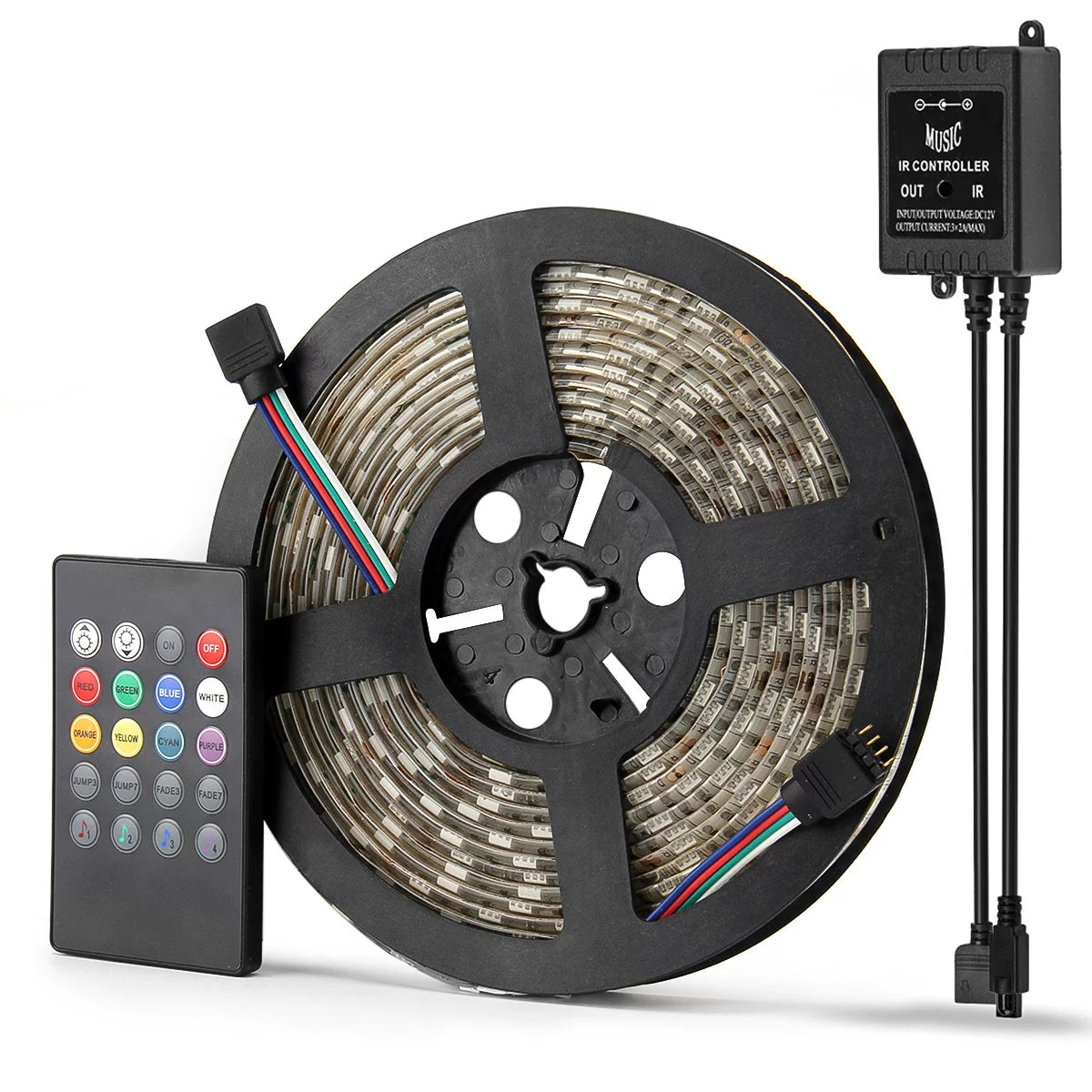 SUPERNIGHT 16.4ft 300LEDs Black PCB RGB Flexible 5M 60Leds/m SMD 5050 LED Strip Light Non-Waterproof + 4-Pin 20Keys Music IR Remote