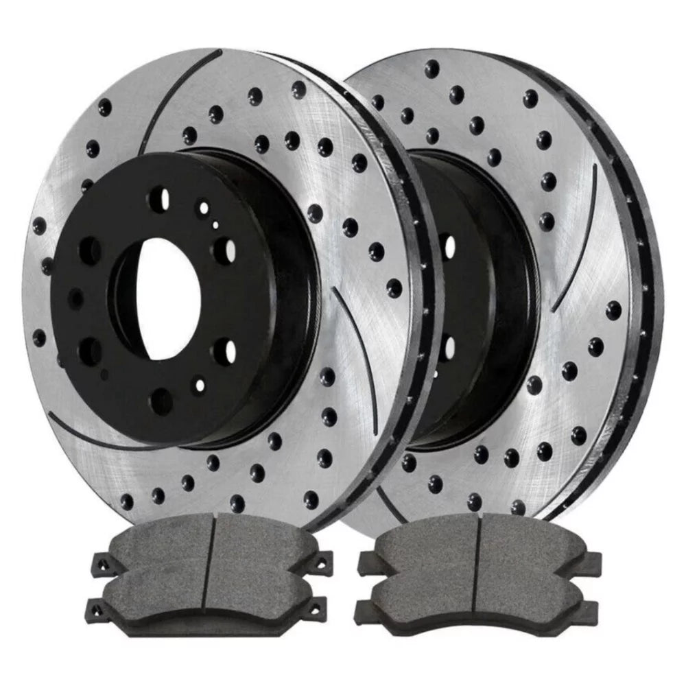 Front Drilled Slotted Brake Rotors Black & Pads For Cadillac Chevy GMC 5.3L V8