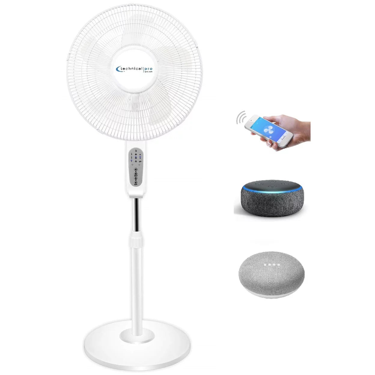 Technical Pro Smart Oscillating Pedestal Fan, 3 Speed Portable 16 Inch WIFI Enabled Standing Fan with Adjustable Height,