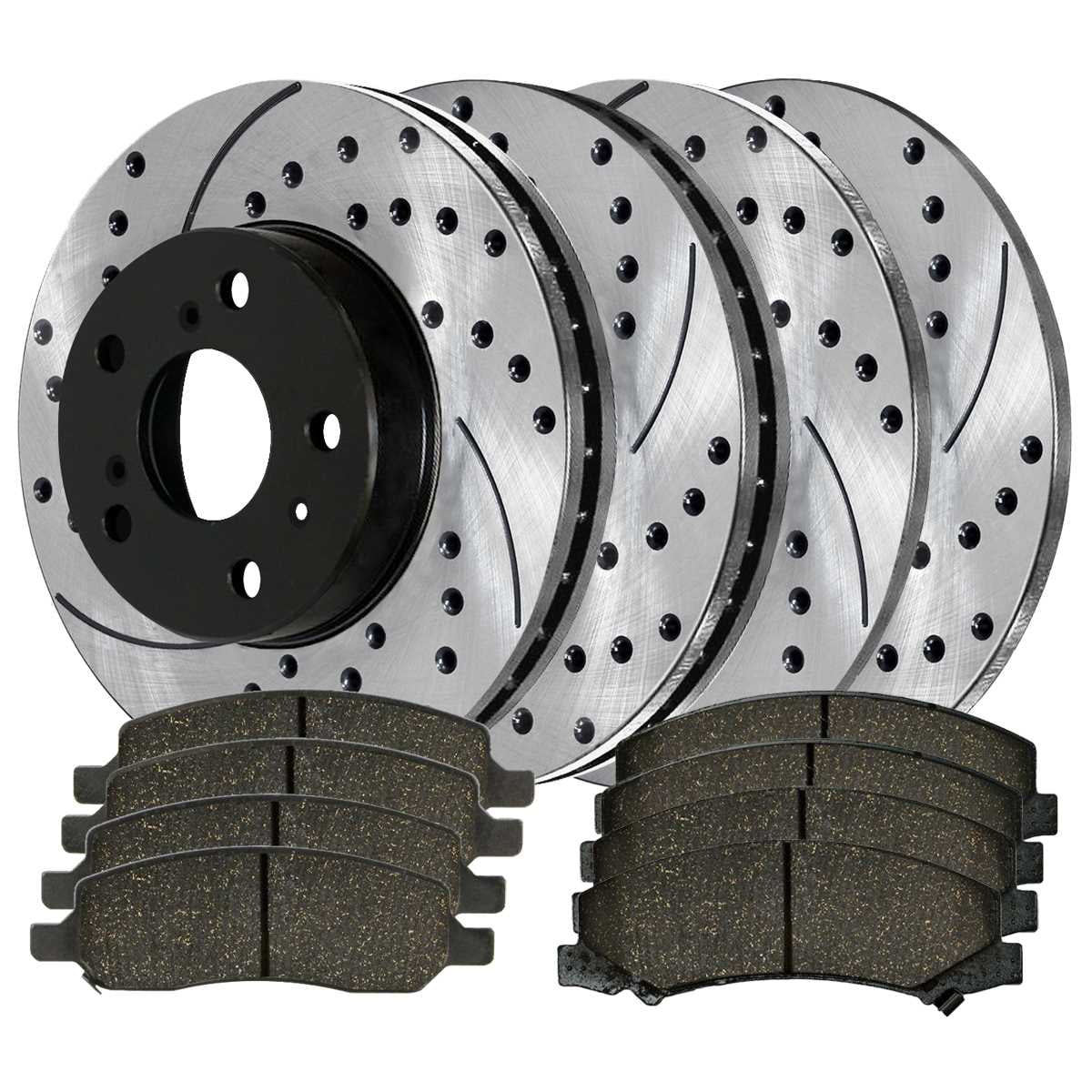 AutoShack Front and Rear Drilled Slotted Brake Rotors Black and Ceramic Pads Kit Replacement for 2006 2007 2008 2009 2010 2011 Buick Lucerne 3.8L 3.9L V6 FWD