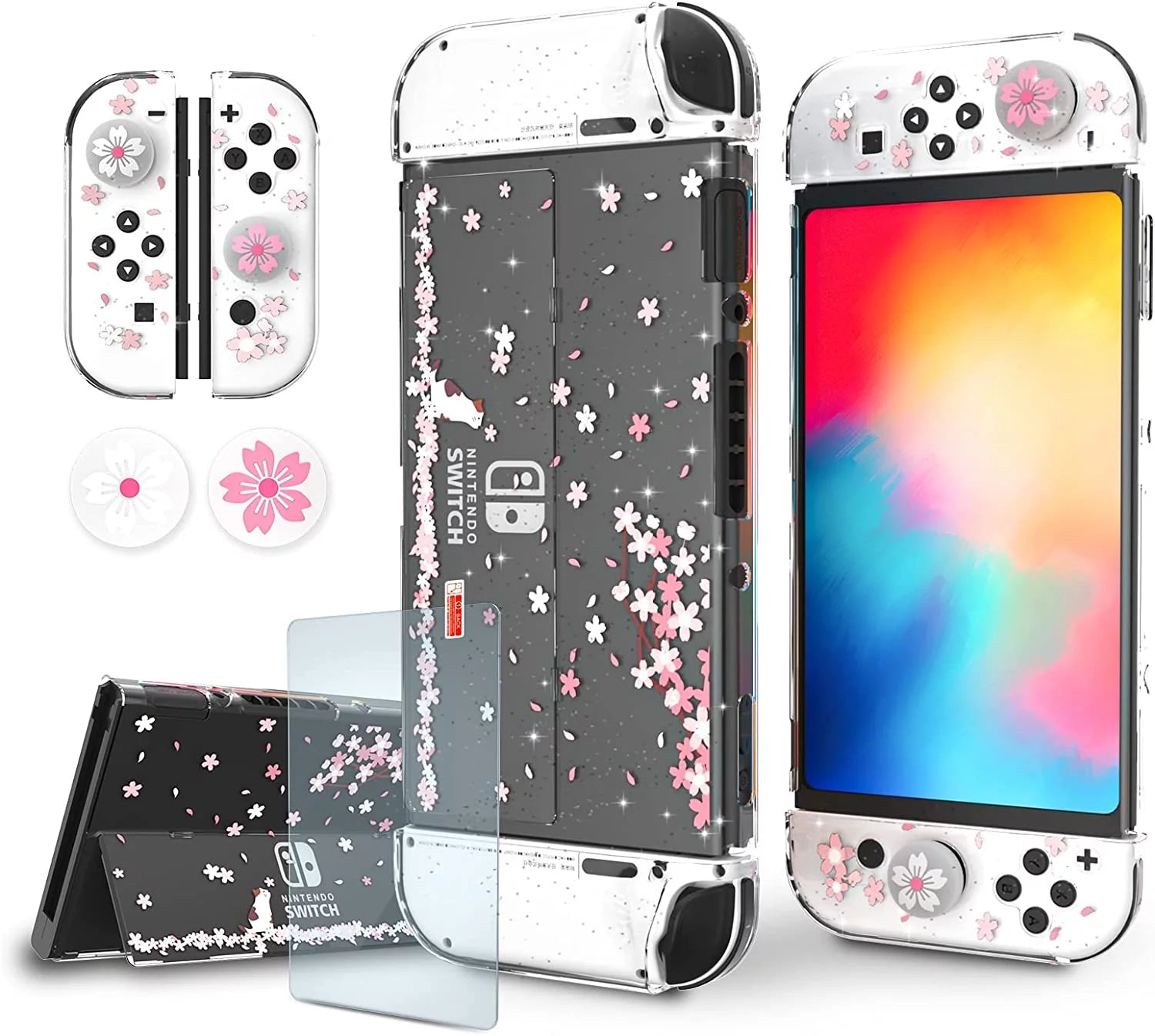Switch O Protective Case, Switch O Clear Case with Tempered Glass Screen Protector and Thumb Grips - Cherry