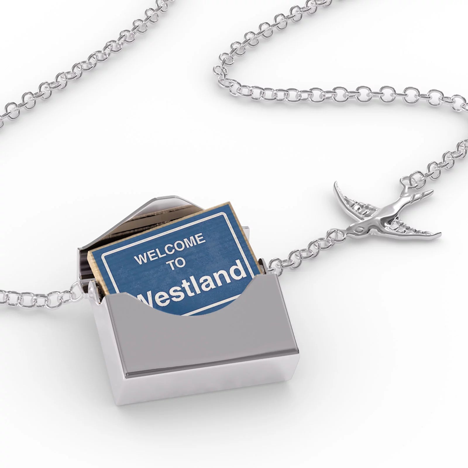 Locket Necklace Sign Welcome To Westland in a silver Envelope Neonblond