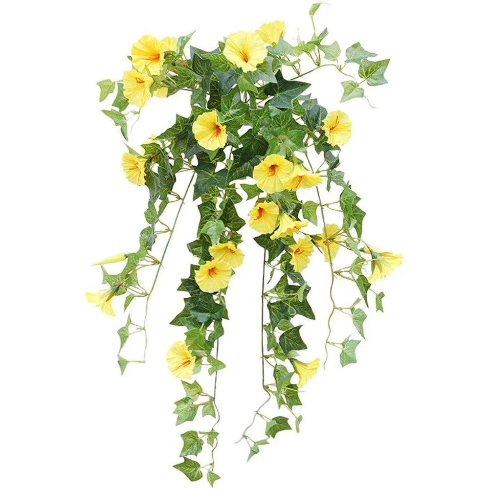 Morttic 1 Branch(12 Stems/23 Flowers) Artificial Morning Glory Trumpet Flower Vine Plastic Flower Bouquet Hanging Wall Strings Flowers for Home Garden Wedding Party Decoration (Yellow)