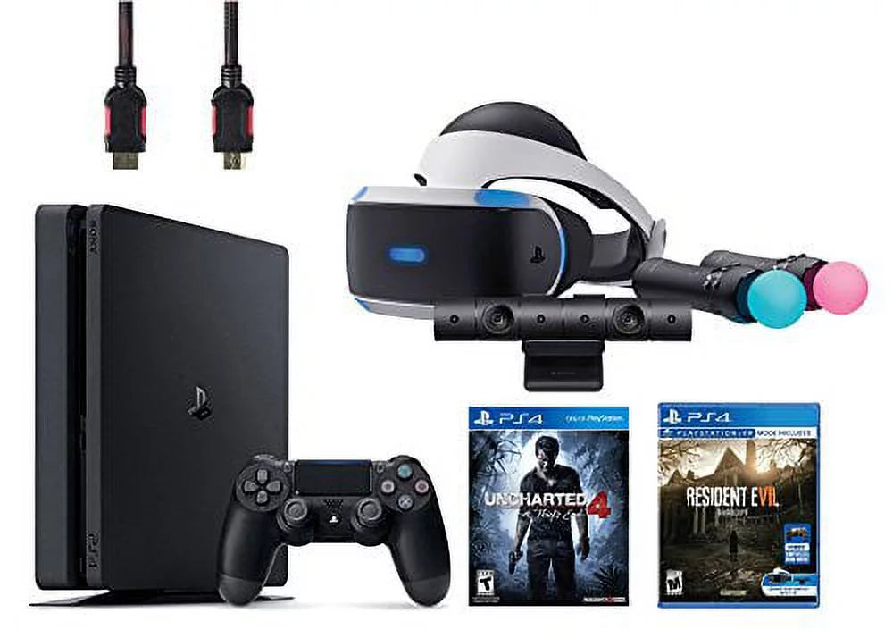 Uncharted 4, VR Game Disc Resident Evil 7:Biohazard, Sony PlayStation VR Bundle 5 Items:VR Headset, PlayStation Camera, PlayStation Move Motion Controllers, PlayStation 4 Slim 500GB Console