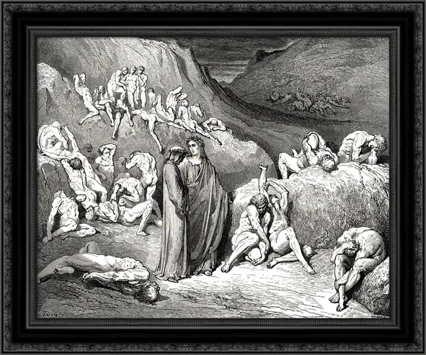 The Inferno, Canto 29, lines 79'81: The crust Came drawn from underneath in flakes, like scales Scrap¨bd from the bream or fish of broader mail. 24x20 Black Wood Framed Canvas Art by Dore, Gustave