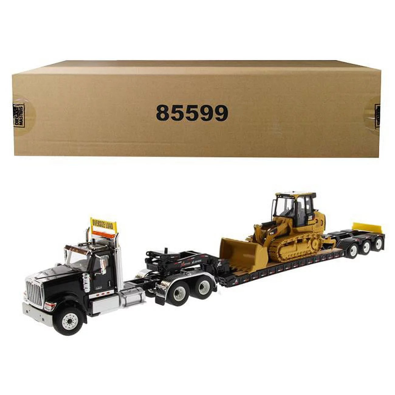 Diecast Masters 85599 International HX520 Tandem Tractor Black with XL 120 Lowboy Trailer & CAT Caterpillar 963K Track Loader 1-50 Diecast Model Set - 2 Piece