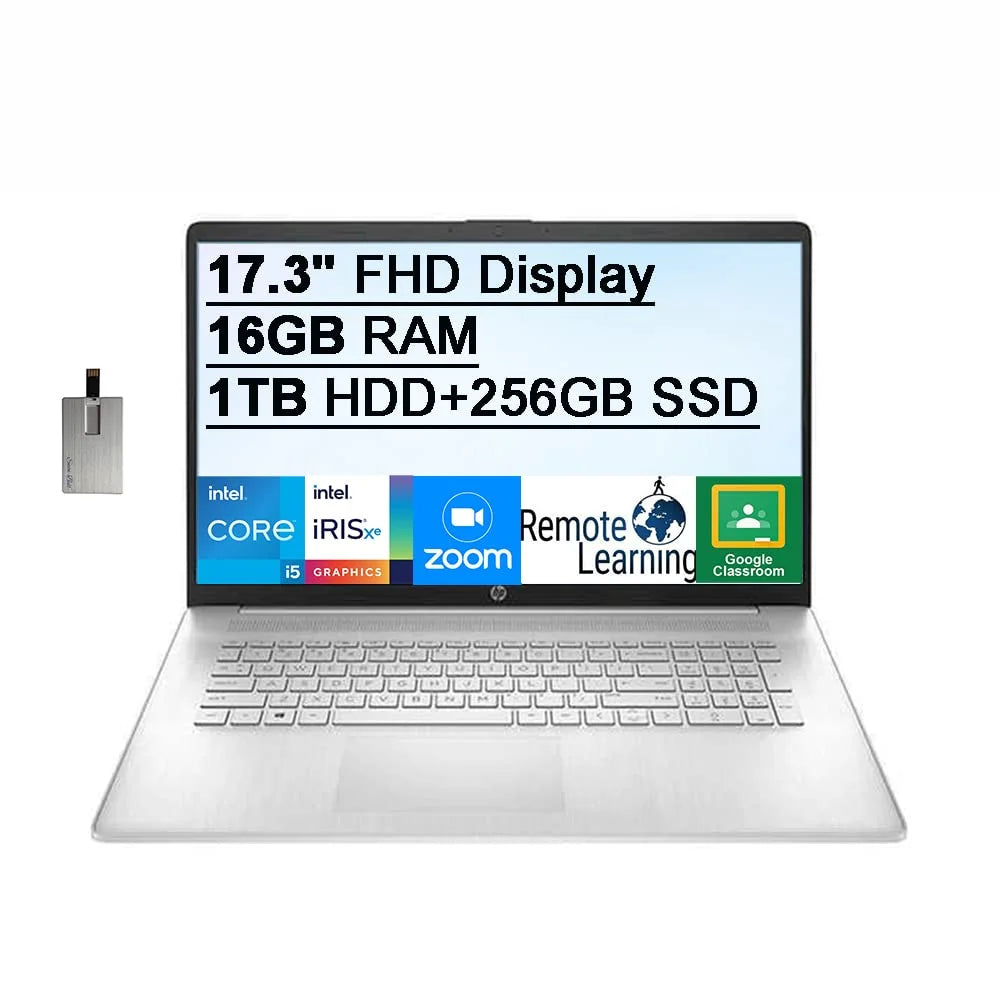 2021 HP 17.3 FHD IPS 250 Nits Laptop Computer, Intel Core i5-1155G7 Processor, 16GB RAM, 1TB HDD+256GB SSD, Backlit Keyboard, Intel Iris Xe Graphics, HD Webcam, HD Audio, Win11, Silver, 32GB USB Card