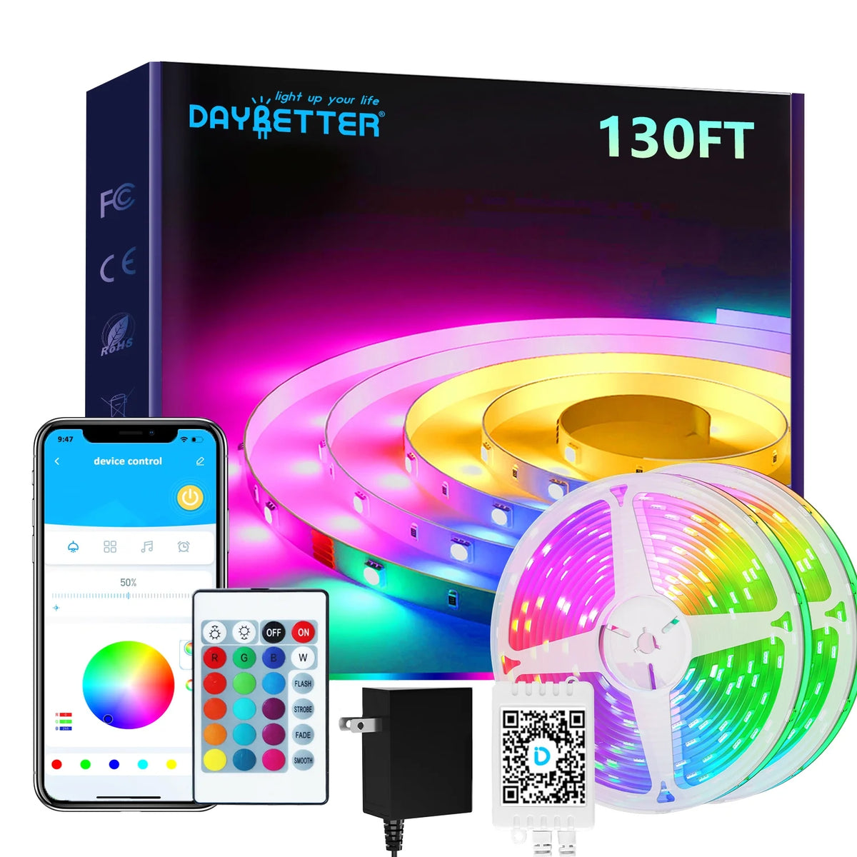 DAYBETTER Smart LED Strip Lights, 130ft Music Sync RGB Color Changing Lights with  APP and 24 Key Remote Control, Perfect for Indoor Decor(2 Rolls of 65.6ft)
