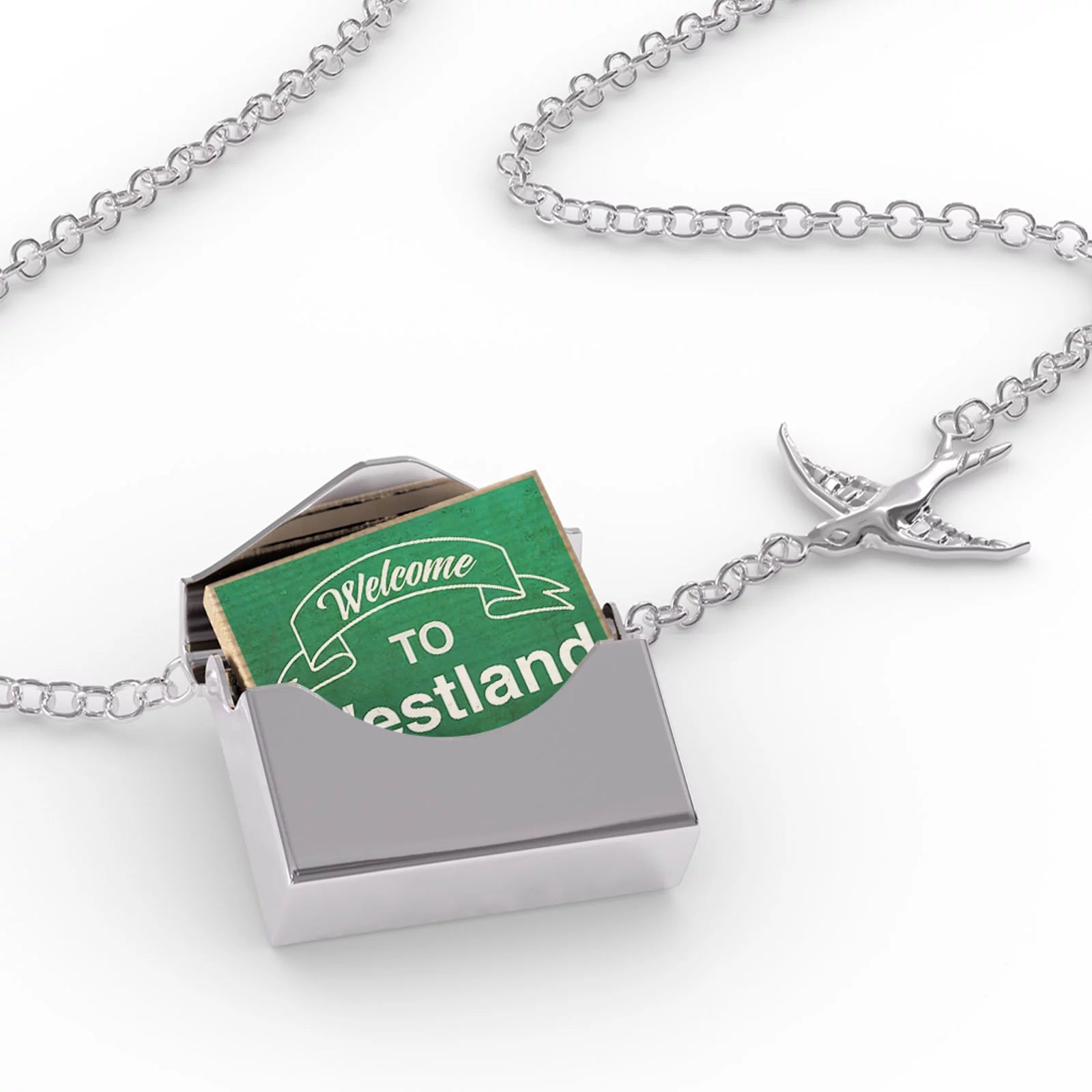 Locket Necklace Green Sign Welcome To Westland in a silver Envelope Neonblond