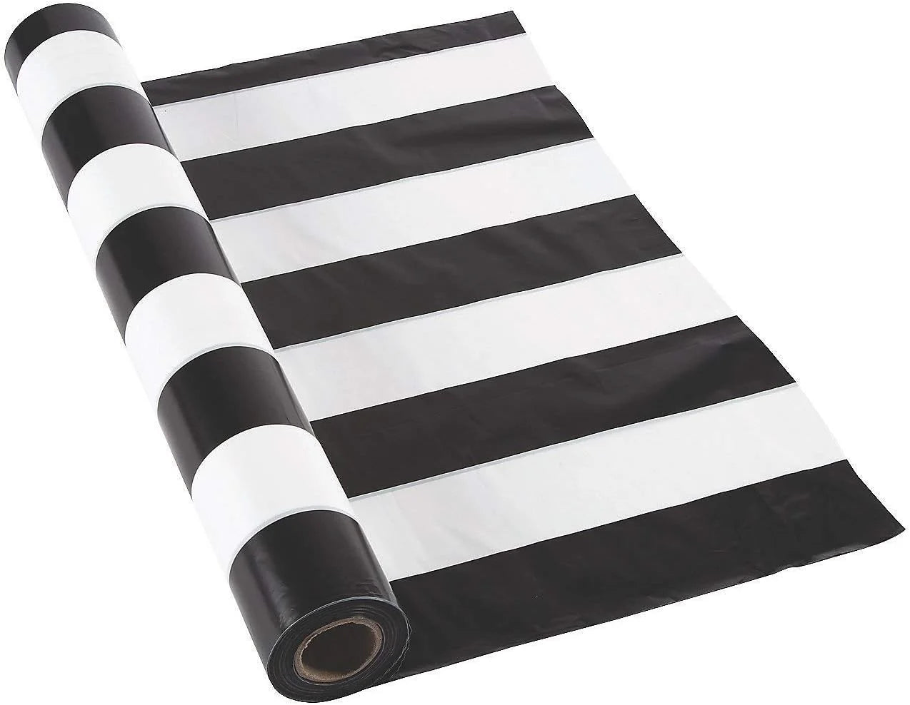 Fun Express 100 Feet Black and White Striped Tablecloth Roll, Party Supplies