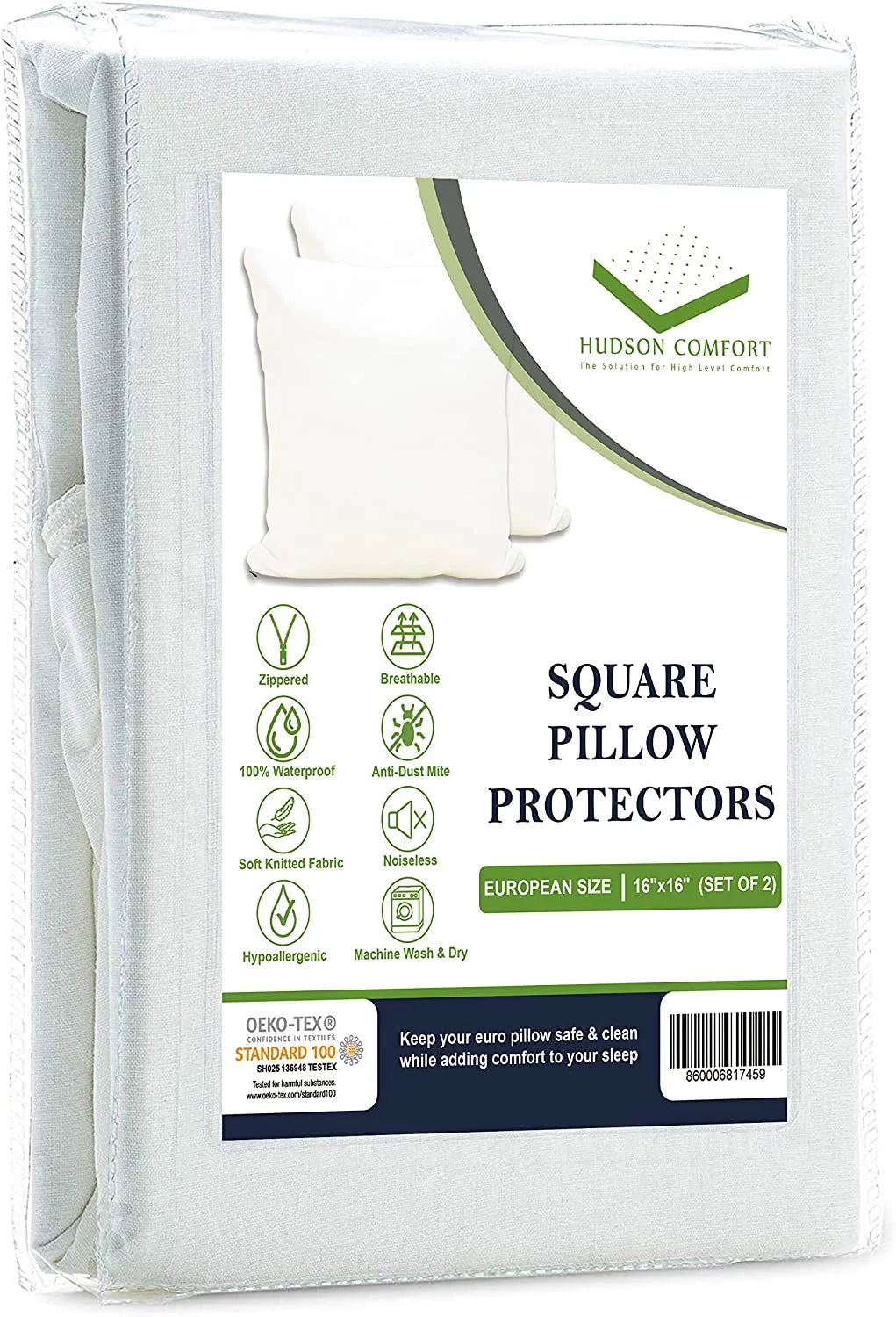 Hudson Comfort 16x16 Pillow Covers with Zipper - 100% Waterproof, Prevents Feathers from Popping, European Square Zippered Pillow Protectors (2 Pack, 16x16)