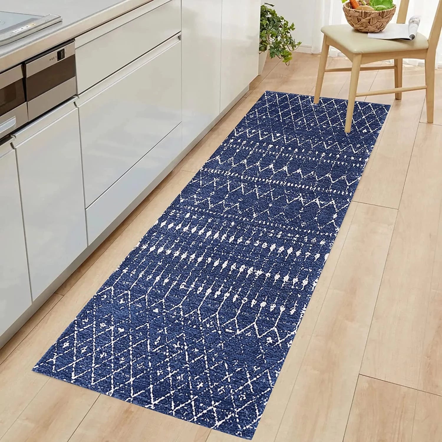 Hallway Runner Rugs Non Slip Machine Washable Boho Moroccan Dark Blue Geometric Abstract Flat Weave Dog Friendly 9 feet Kitchen Runner Indoor mat 2.3'x8.9'