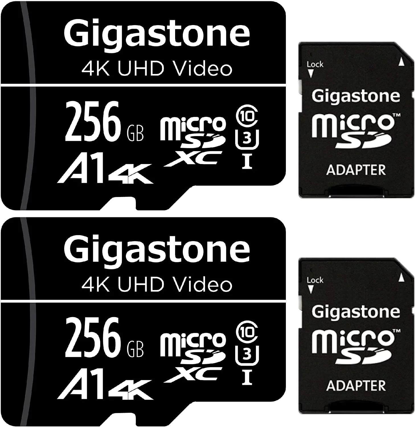 Gigastone 256GB Micro SD memory Card, 4K UHD Video, Surveillance Security Cam Action Camera Drone Professional, Dash Cams, 100MB/s Micro SDXC UHS-I A1 Class 10, 2 Pack (2x256GB)