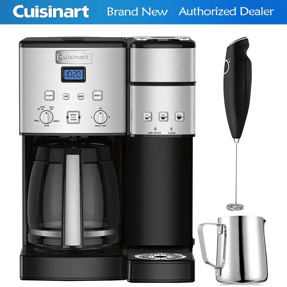 Cuisinart 12-Cup Coffee Maker and Single-Serve Brewer Stainless Steel (SS-15) with Milk Frother - Handheld Electric Foam Maker For Coffee, Latte, Cappuccino & Stainless Steel Milk Frothing Pitcher