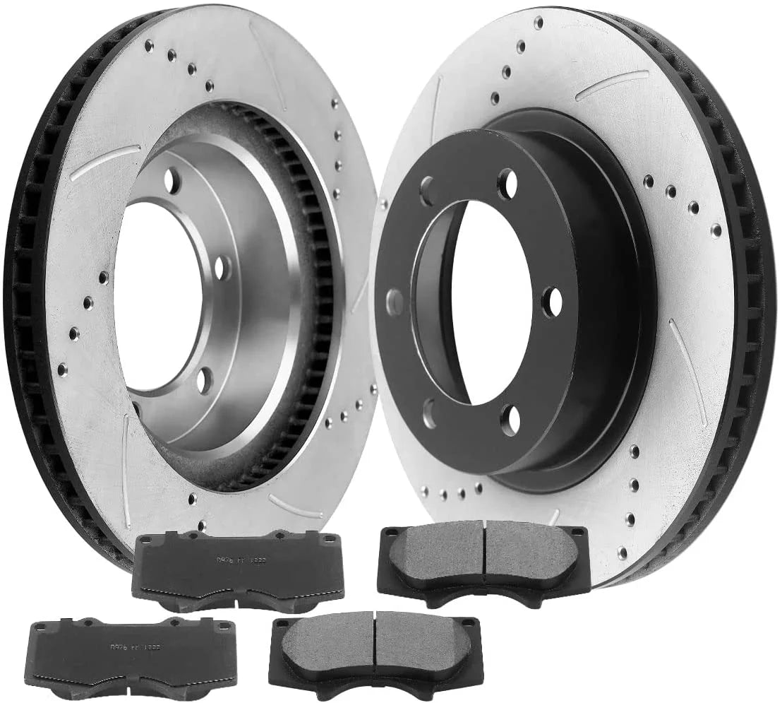 Afa Motors Brake Pads and Rotors E-Coated Slotted and Drilled Design fits for Toyota 4Runner FJ Cruiser Tacoma Including Brake Kit and Ceramic Pads -Front