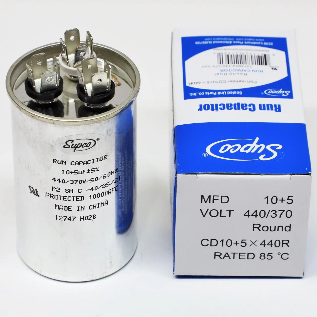 Supco CD10+5X440R Supco CD10+5X440R HVAC Motor Round Dual Run Capacitor 10 + 5 MFD 440 Volts