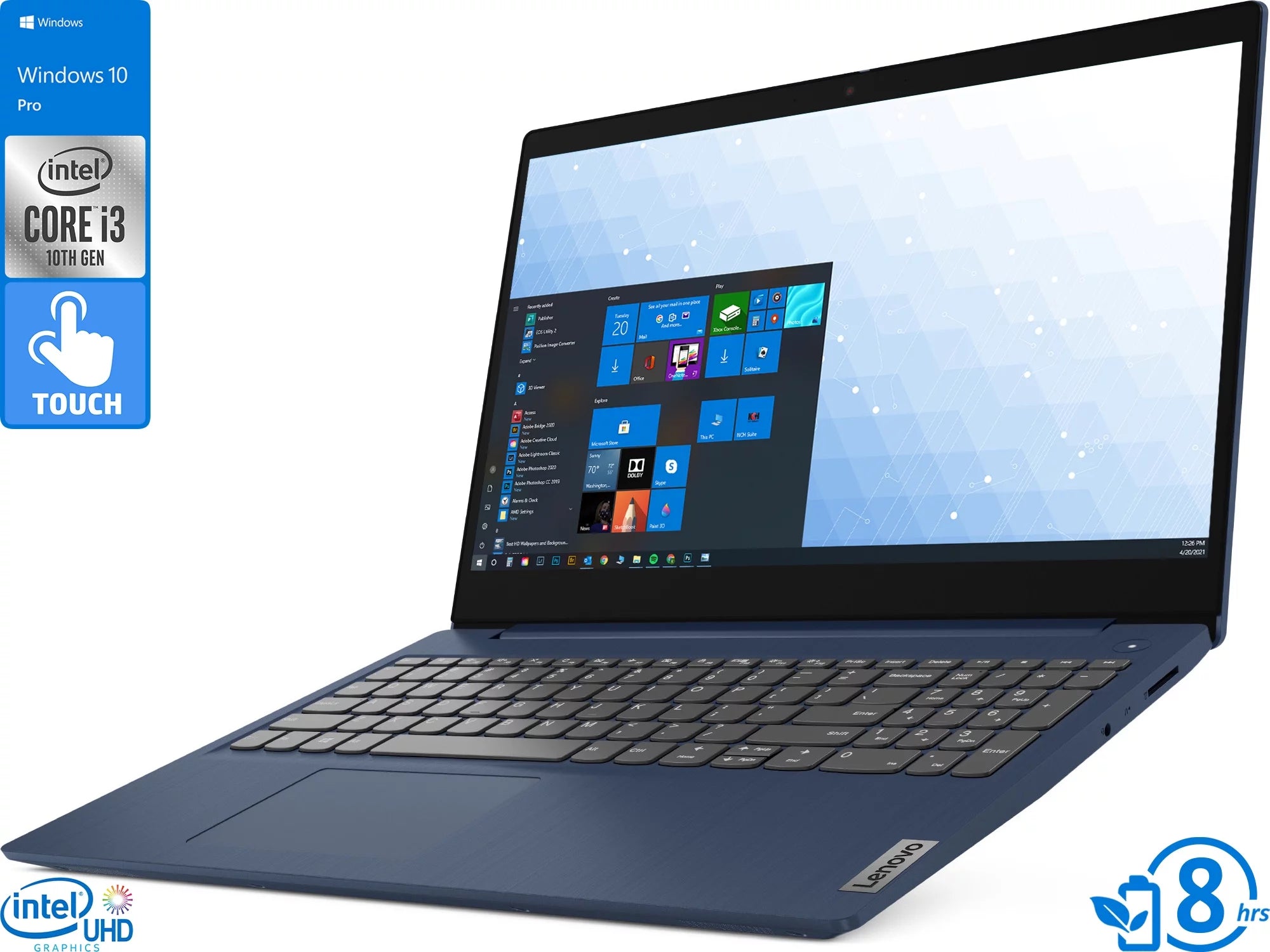 Lenovo IdeaPad 3 Notebook, 15.6 HD Touch Display, Intel Core i3-10110U Upto 4.1GHz, 20GB RAM, 512GB NVMe SSD, HDMI, Card Reader, Wi-Fi, Bluetooth, Windows 10 Pro S
