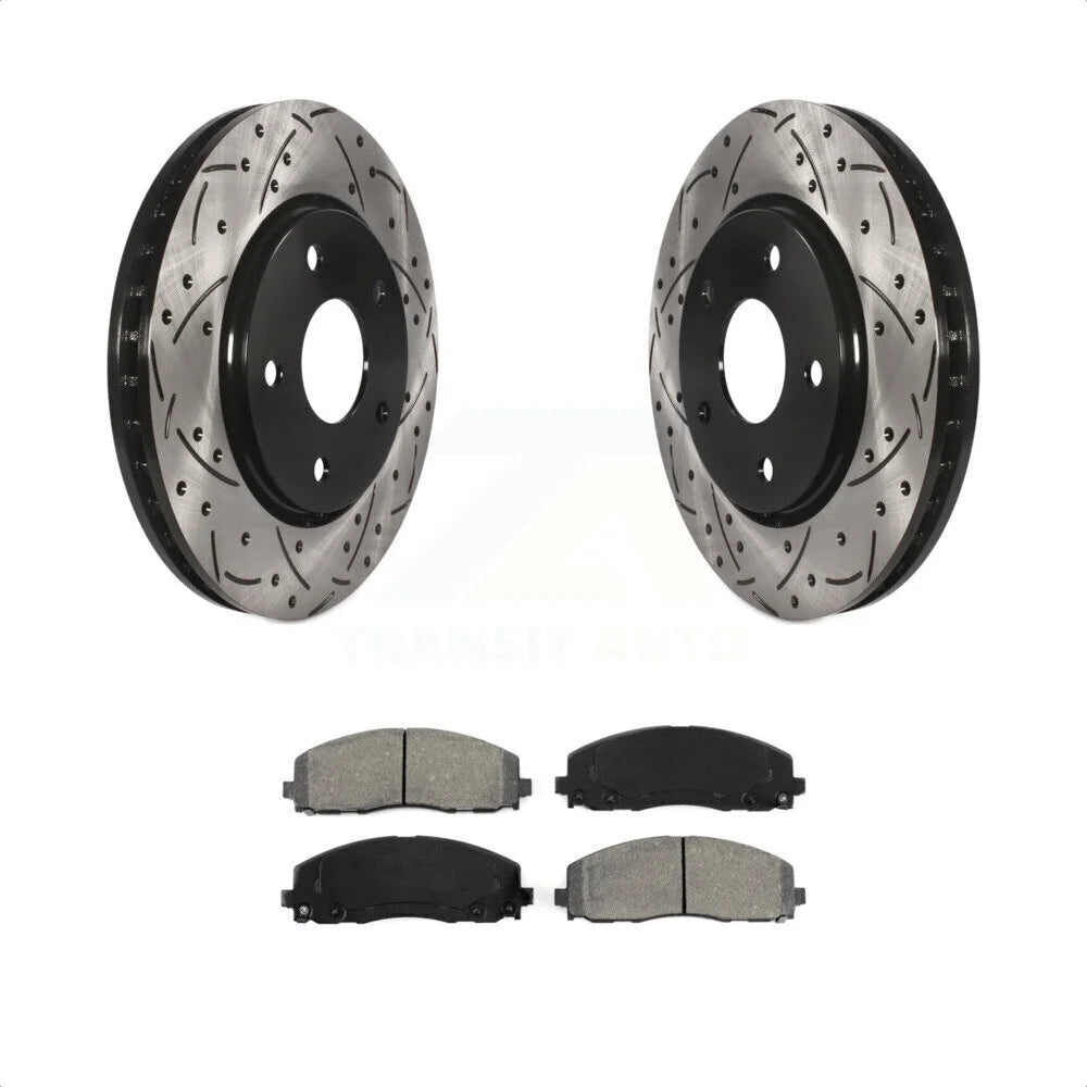 Transit Auto - Front Coated Drilled Slotted Disc Brake Rotors And Semi-Metallic Pads Kit For 2017-2018 Dodge Grand Caravan With Single Piston Caliper KDS-100041
