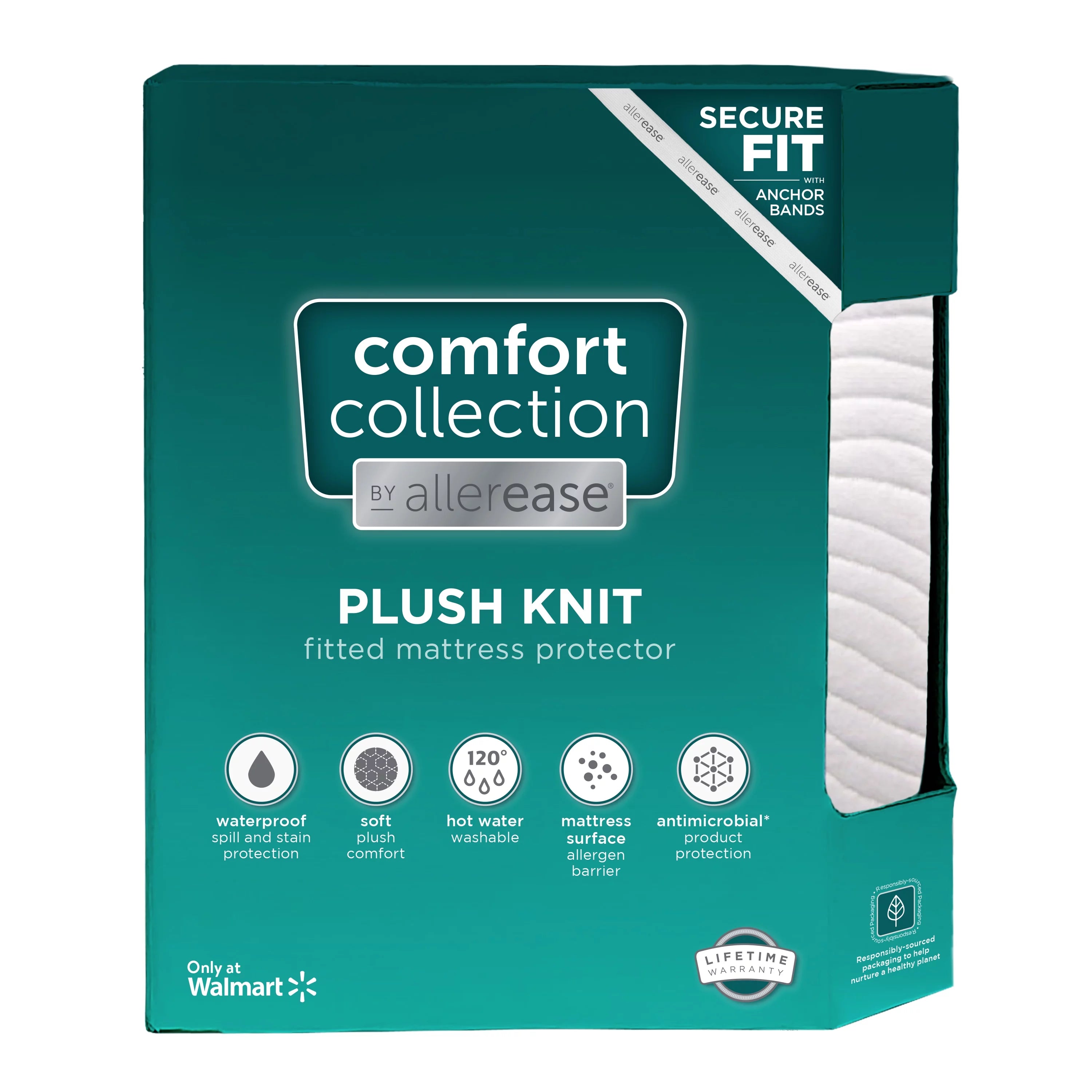Allerease Comfort Collection Plush Knit Fitted Mattress Protector with Anchor Bands, Queen