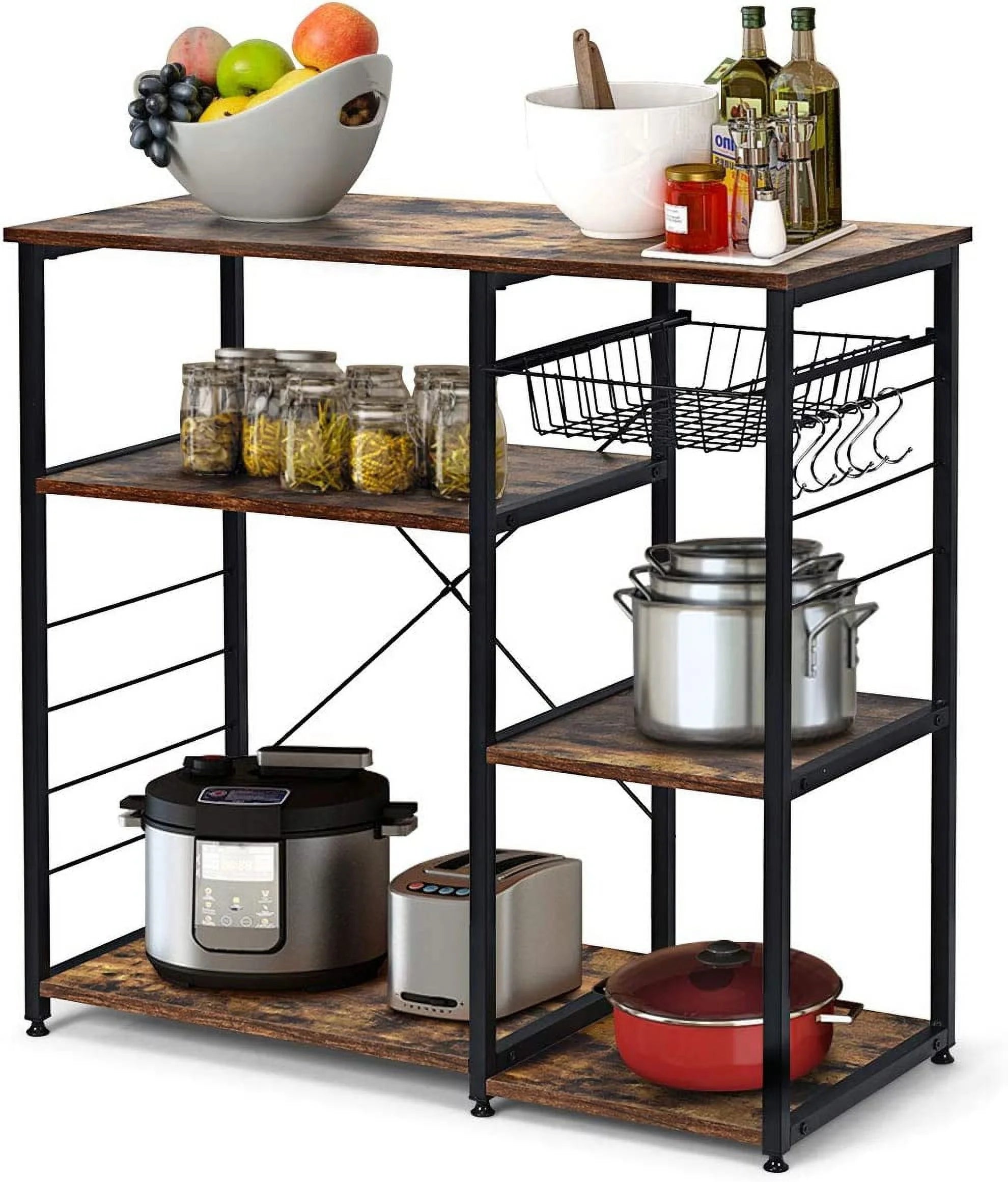 YZboomLife 3-Tier Kitchen Baker\u2019s Rack  Utility    Industrial Microwave Oven Stand Metal Frame w/  Wire Basket  Hooks  Coffee  Table Home Office  35.4\u2019\u2019  Brown