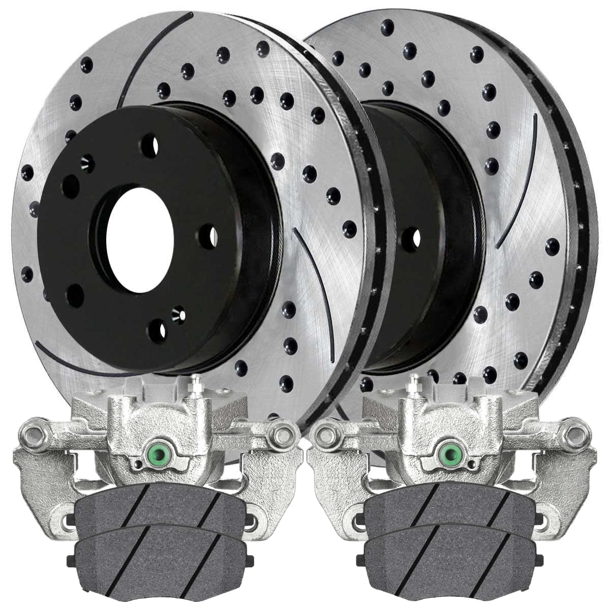 AutoShack Front Brake Calipers Ceramic Pads Drilled Slotted Rotors Black Kit Driver and Passenger Side Replacement for 2009 2010 2011 2012 Hyundai Elantra 1.8L 2.0L FWD