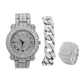 Charles Raymond Blinged Out Round Luxury Mens Hip Hop Wristwatch w/Iced Out Cuban Bracelet and Iced King Ring Set - L0504 BR 3pc Set (10, Silver)