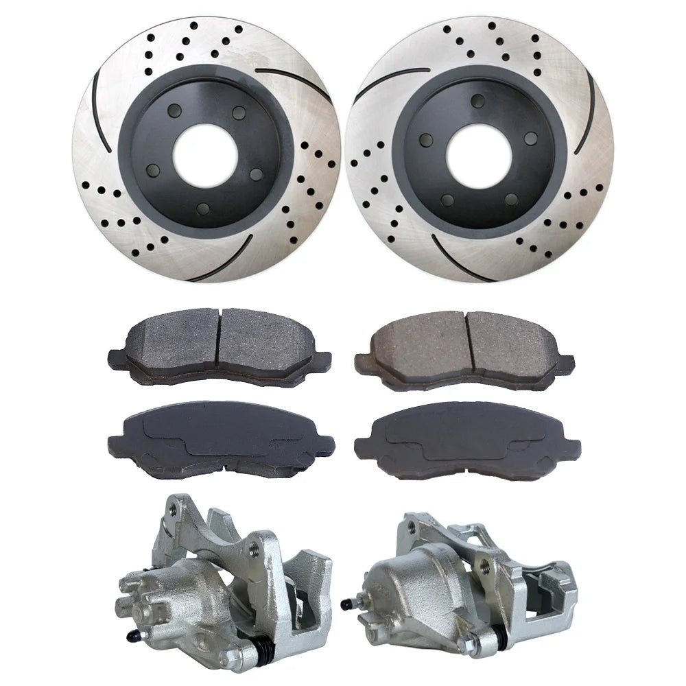 AutoShack Front Brake Calipers Ceramic Pads Drilled Slotted Rotors Black Kit Replacement for 2007-2008 Jeep Patriot Compass 2007-2008 Dodge Caliber 1.8L 2.0L 2.4L 4WD AWD FWD