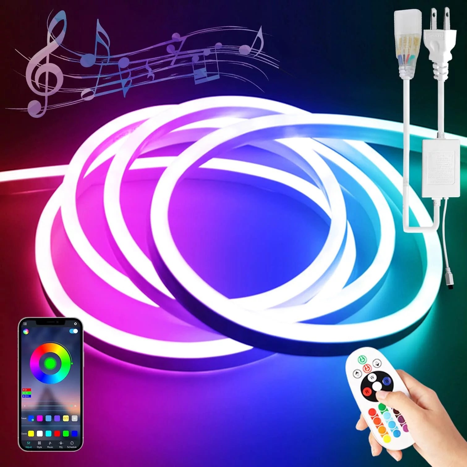 BAGZY Neon LED RGB Strip Light 16.4ft/30m 110V DC 600 SMD2835 LEDs Waterproof Flexible LED, NEON Rope Light Contains DIY Accessories for Family Indoors Outdoors Decor