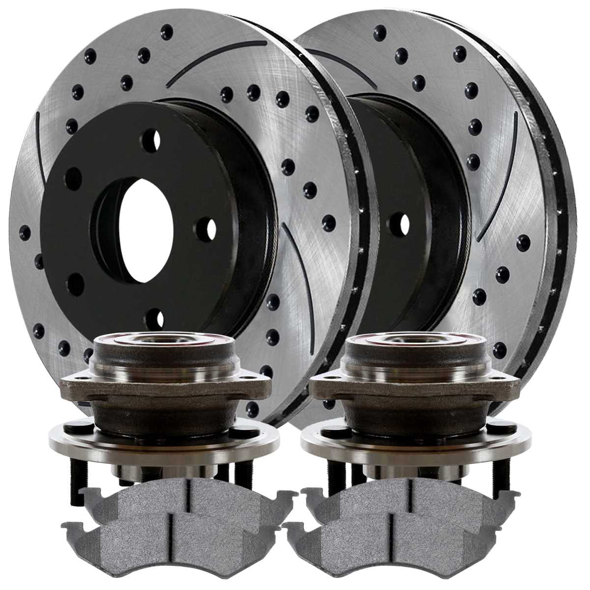 AutoShack Front Wheel Bearing Hub Drilled Slotted Rotors Black Ceramic Pads Kit Driver and Passenger Side Replacement for 1999-2001 Jeep Cherokee 1999-2006 Wrangler 2000-2006 TJ 2.4L 2.5L 4.0L 4WD RWD