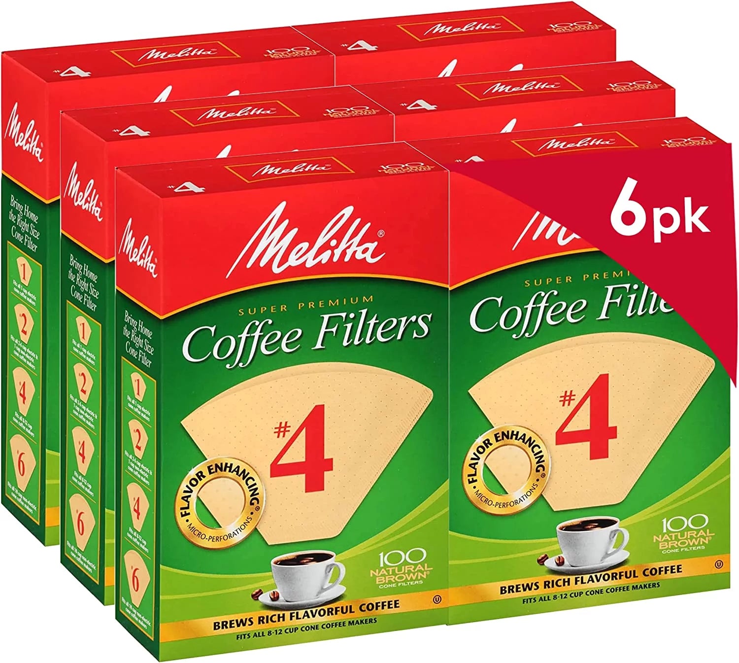 Melitta 4 Cone Coffee Filters, Unbleached Natural , 100 Count (Pack of 6) 600 Total Filters Count - Packaging May Vary