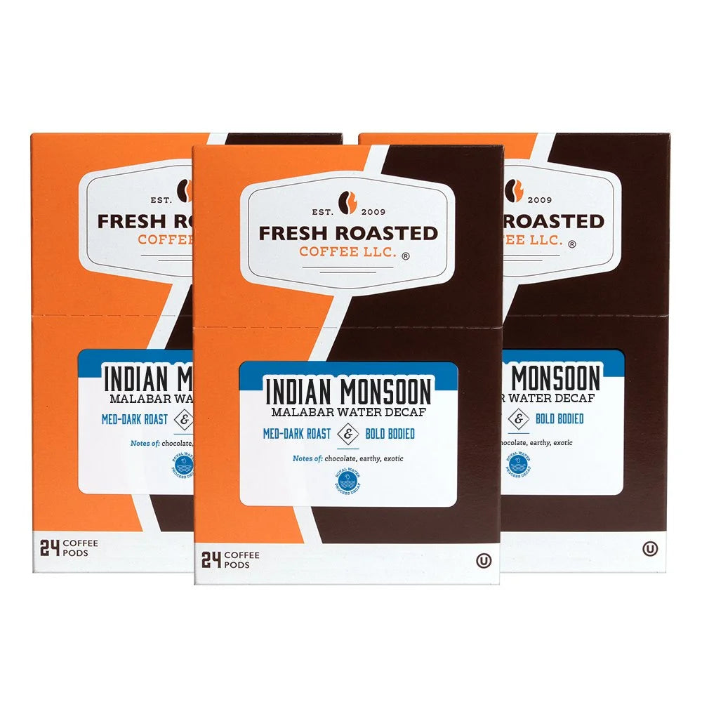 Fresh Roasted Coffee, Indian Malabar Water Decaf, Med-Dark Roast, K-cup Compatible, 72 Count