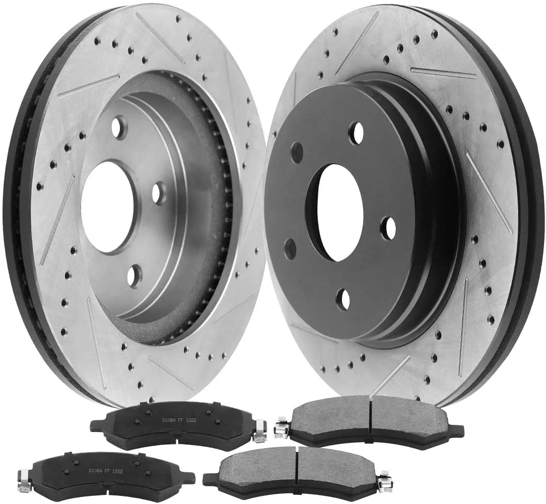 Afa Motors Brake Pads and Rotors E-Coated Slotted and Drilled Design fits for RAM 1500,Dodge Ram 1500 Durango,Chrysler Aspen Including Brake Kit and Ceramic Pads-Front Fits select: 2014 RAM 1500 ST