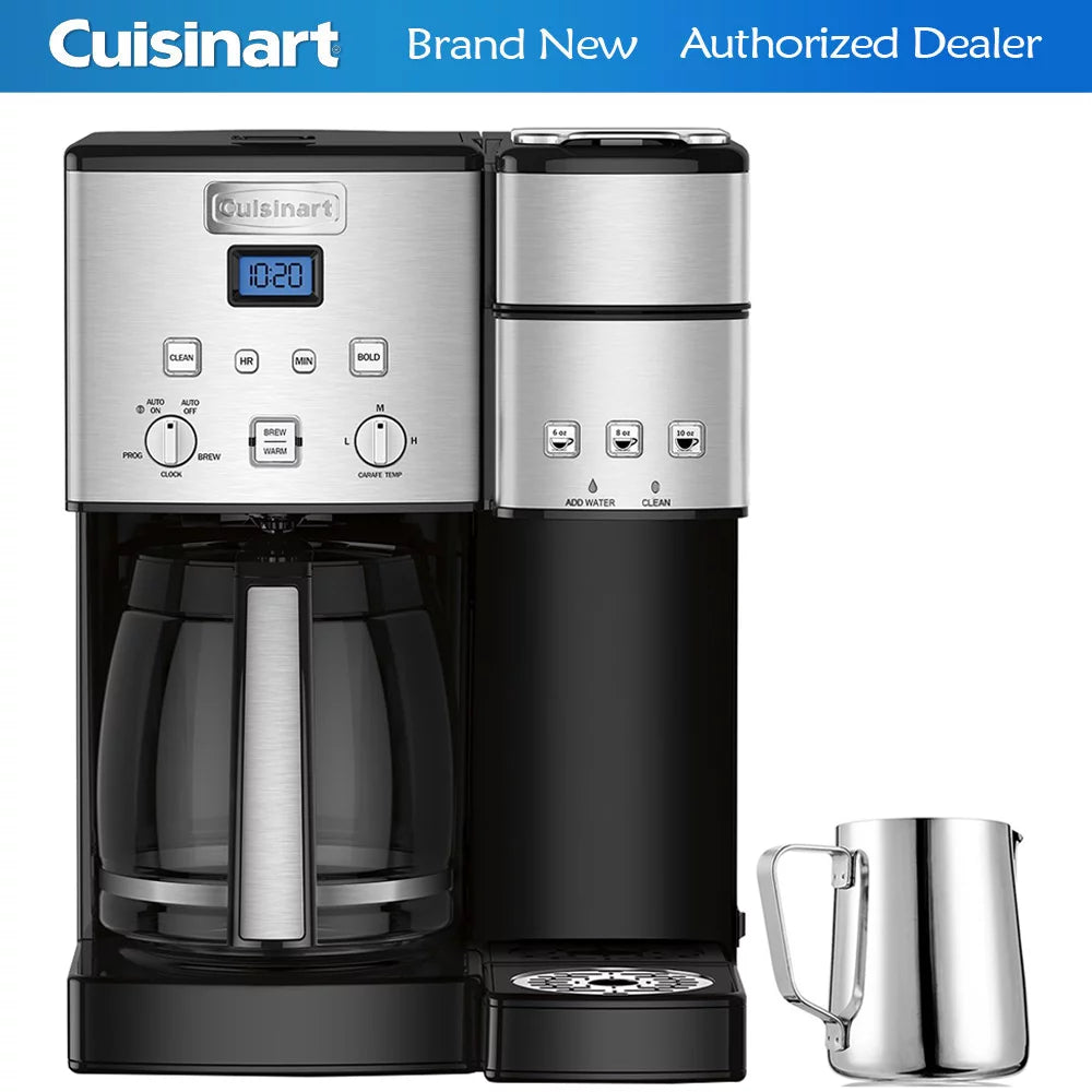 Cuisinart 12-Cup Coffee Maker and Single-Serve Brewer Stainless Steel (SS-15) with Deco Gear Stainless Steel Milk Frothing Pitcher (12 oz.) with Measurement Markings