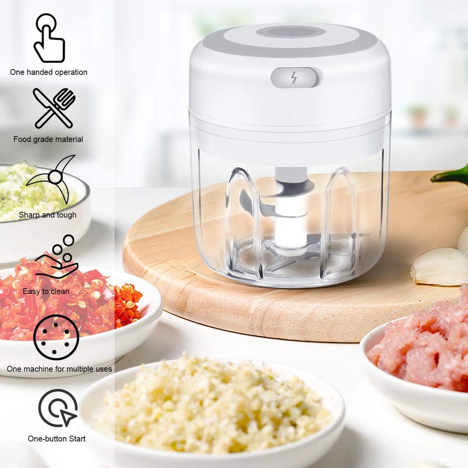 Electric Mini Garlic Chopper, Portable Food Processor, Vegetable Chopper Onion Mincer, Cordless Meat Grinder with USB Charging for Vegetable, Pepper, Onion, Baby Food, Seasoning, Nuts