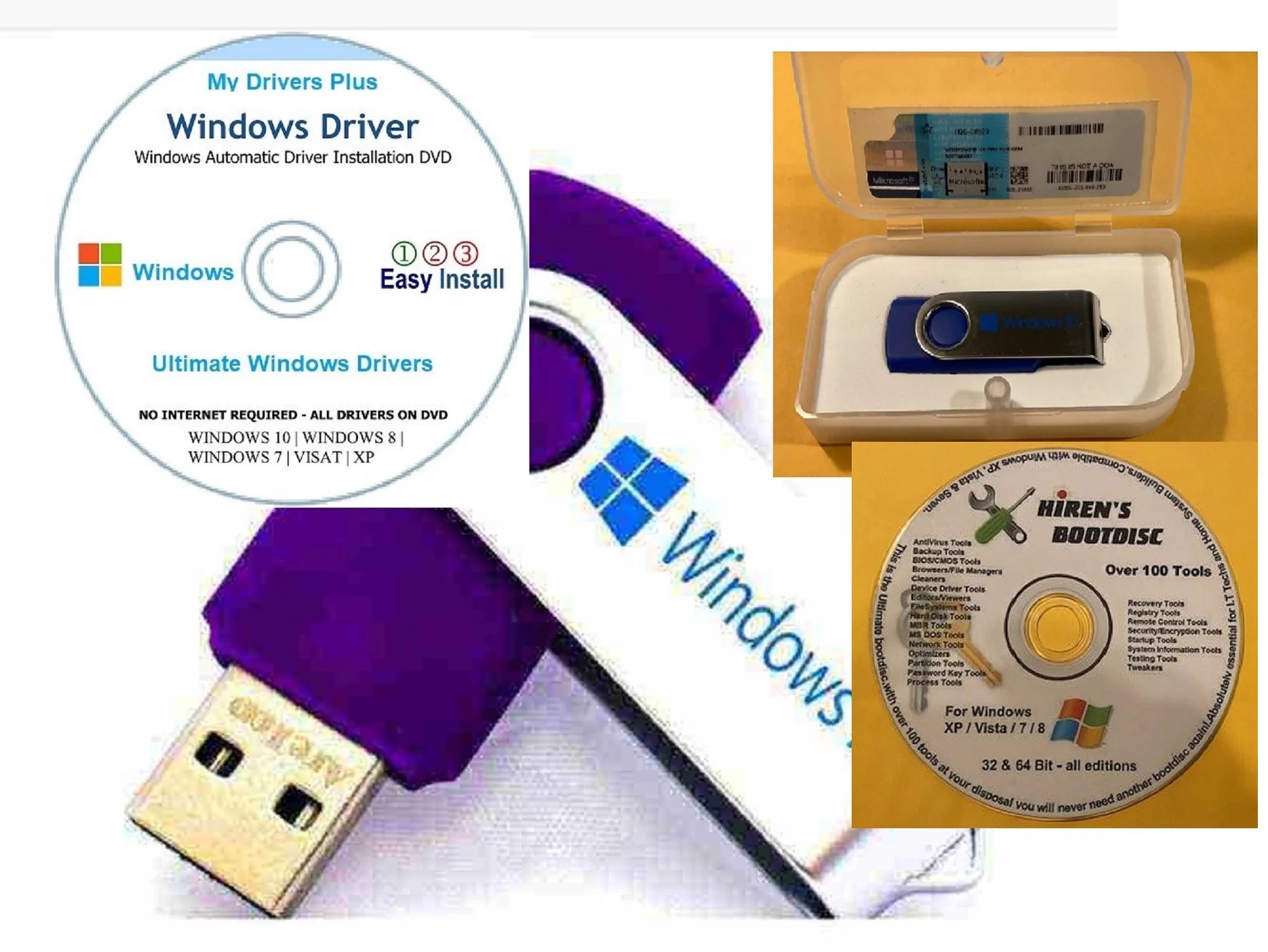 3 in 1..USB WINDOWS 10 ( HOME & PRO) 32/64 BIT (INCLUDING 1 PRODUCT KEY HOME VERSION ) & WINDOWS DRIVERS CD & HIREN'S BOOT DISK (3PK)(NO RETURN FOR THIS ITEM)