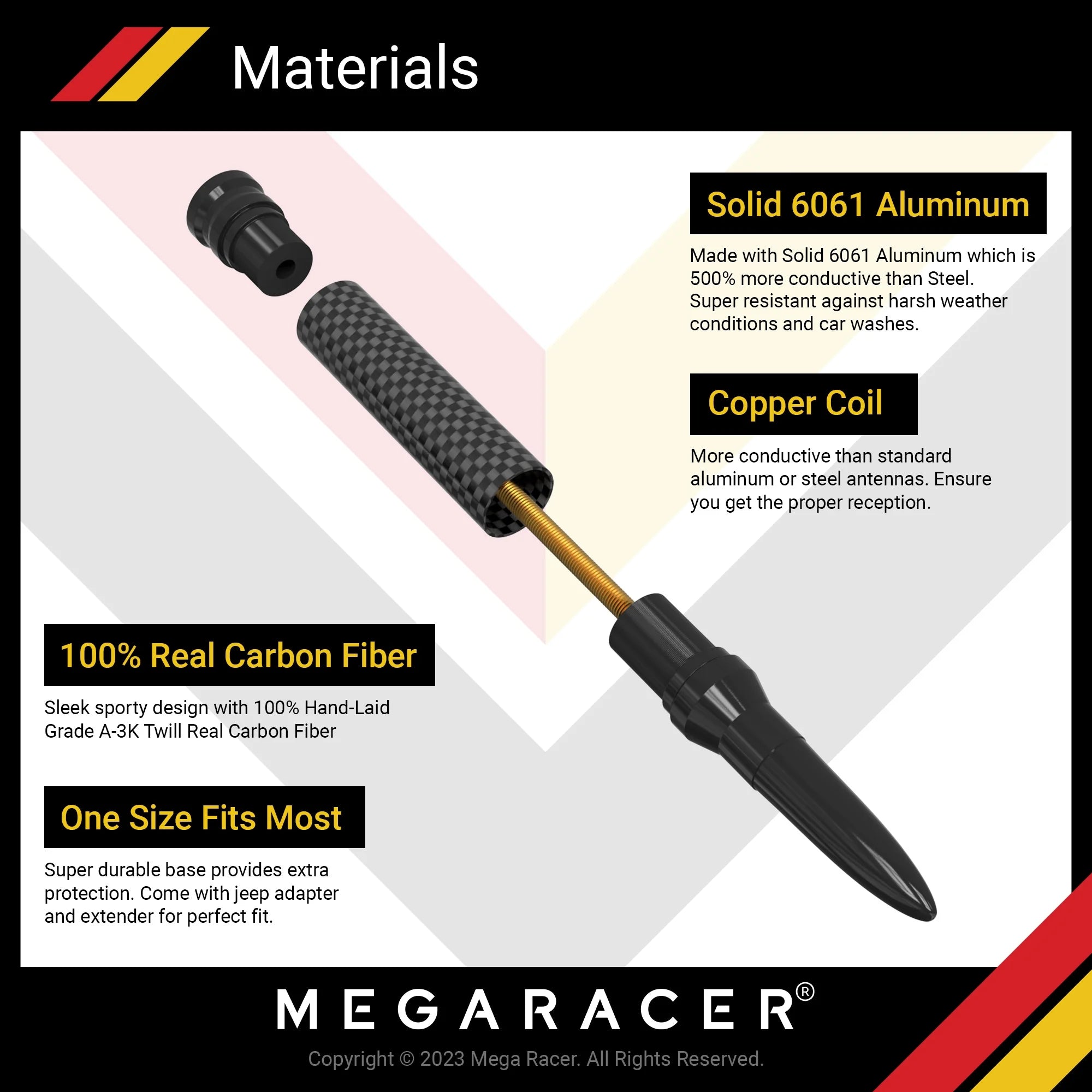 Mega Racer 5.5¡± 100% Real Carbon Fiber Black Antenna - 2007-2024 Jeep Wrangler Gladiator 4xe JK JKU JL JLU JT Rubicon Sahara Willys Mojave, 6061 Solid Aluminum, Jeep Antenna Replacement, Pack of 1