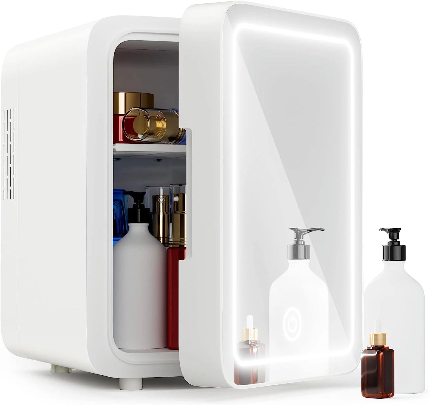 RUO Fridge - Mini Fridge with Dimmable LED Mirror (4 Liter/6 Can), Cooler and Warmer, for Refrigerating Makeup, and Food, Mini Fridge for Bedroom, Office and Car
