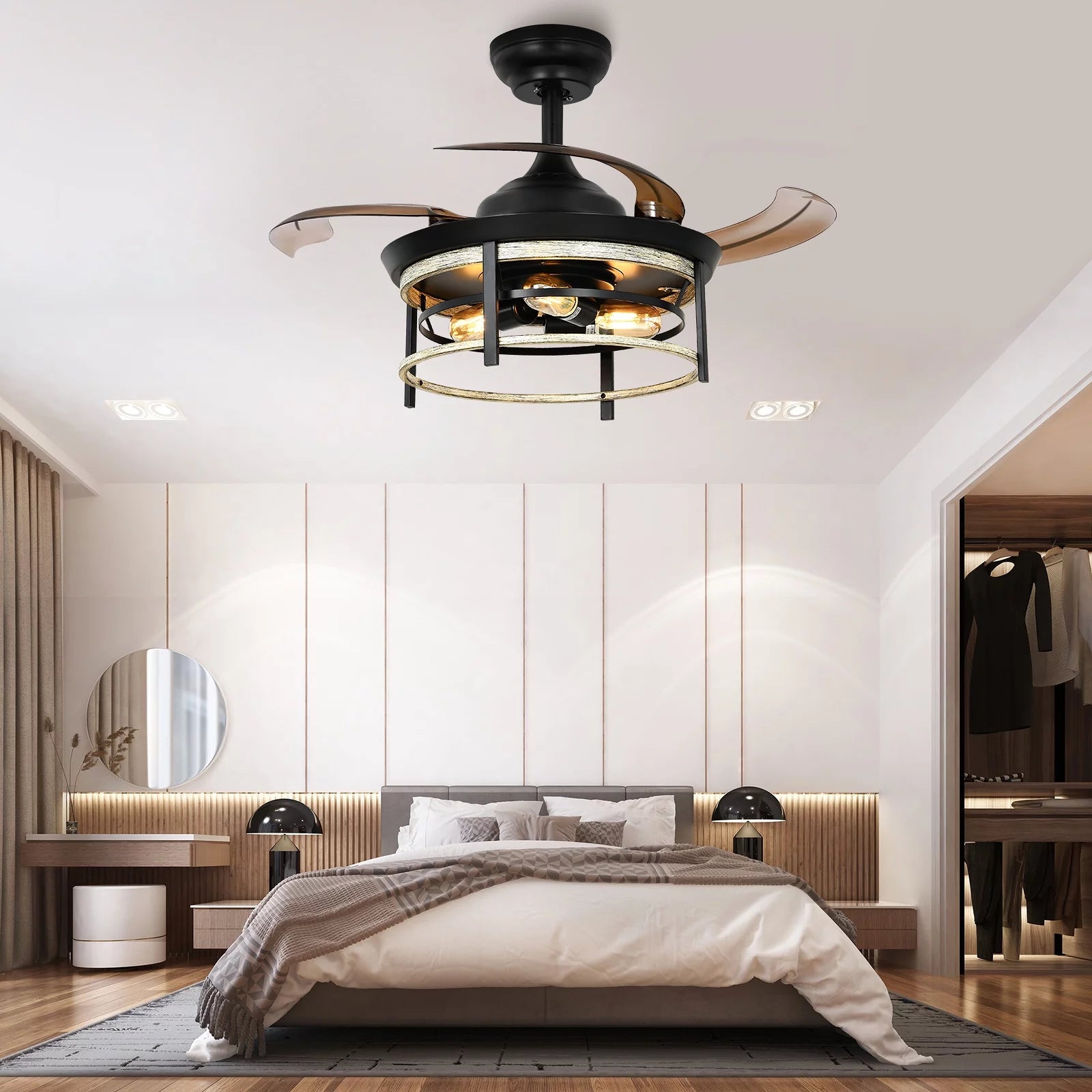 DEXTRUS 36 Retractable Ceiling Fan with Lights and Remote, Farmhouse Caged Industrial Wood Invisible Enclosed Fan with Quiet DC Reversible Motor,3 blades ,6-Speeds, 3 Bulbs and reverse airflow