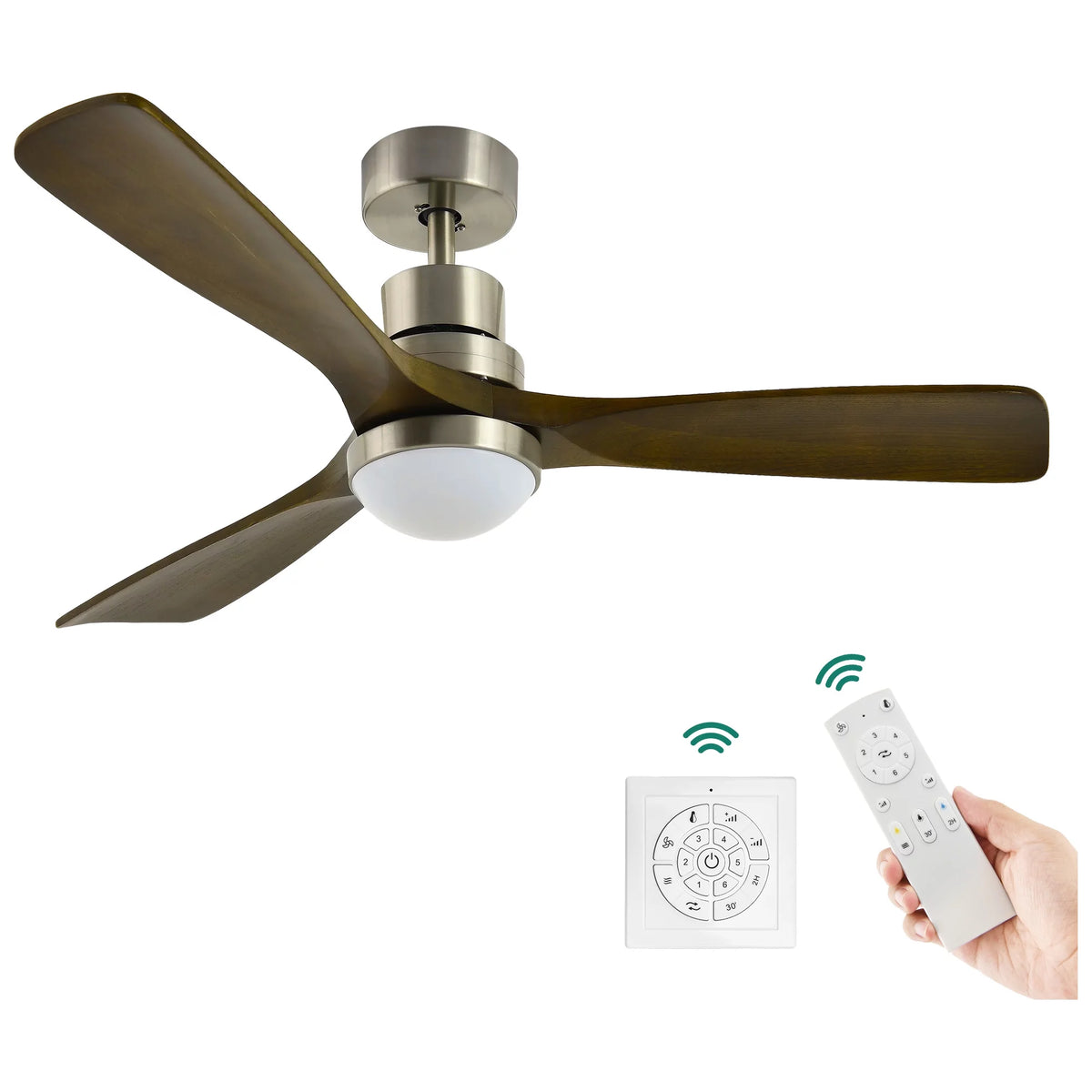 DEXTRUS 52 Industrial Wood Ceiling Fan with Lights and Wall Switch Remote, Quiet Reversible 6 Speeds Motor, 3 Blades, Dimmable LED 3 Color for Outdoor Indoor, Brown